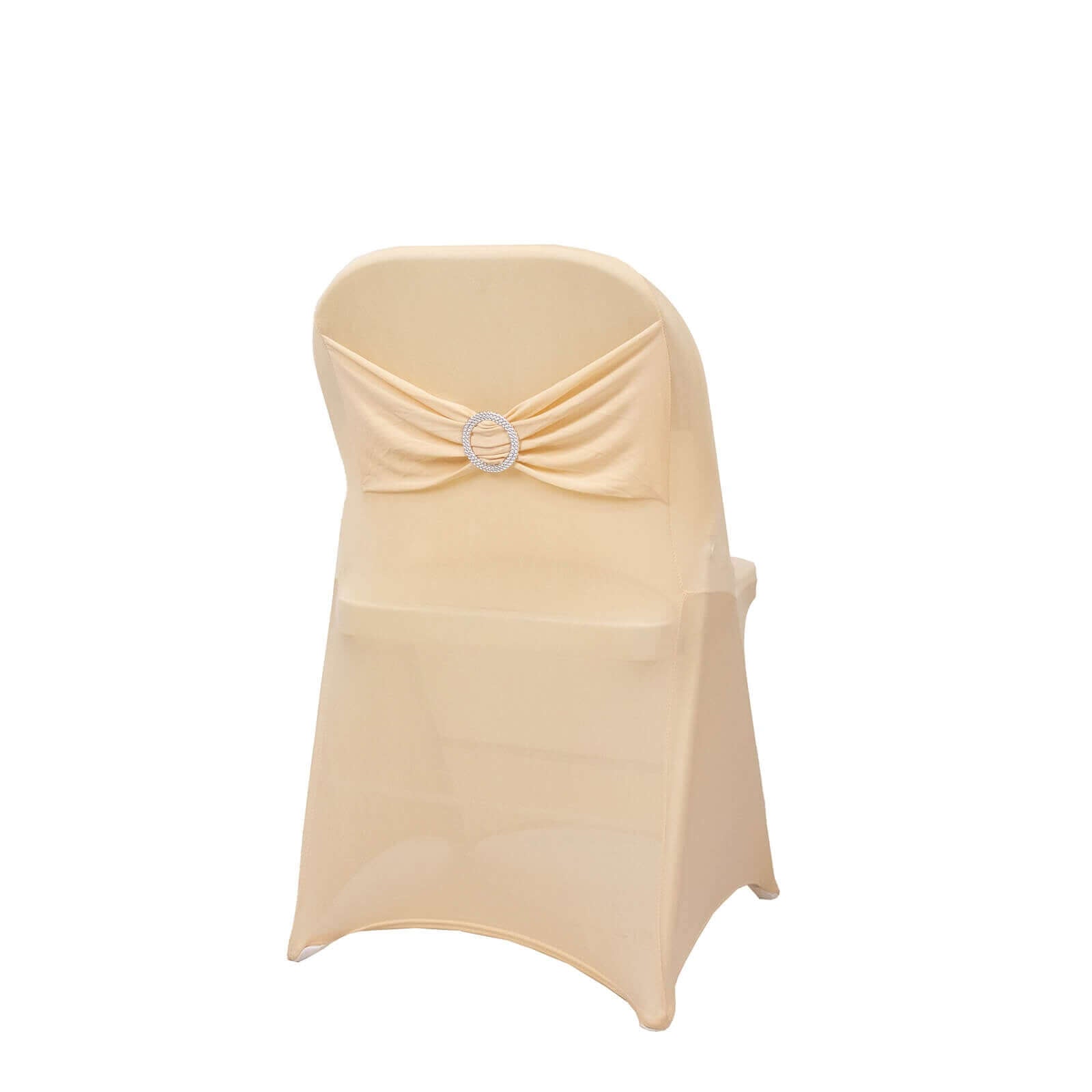 Stretch Spandex Chair Cover Beige for Folding Chairs - Secure Fit Slipcover with Silver Rhinestone Buckled Sash Band