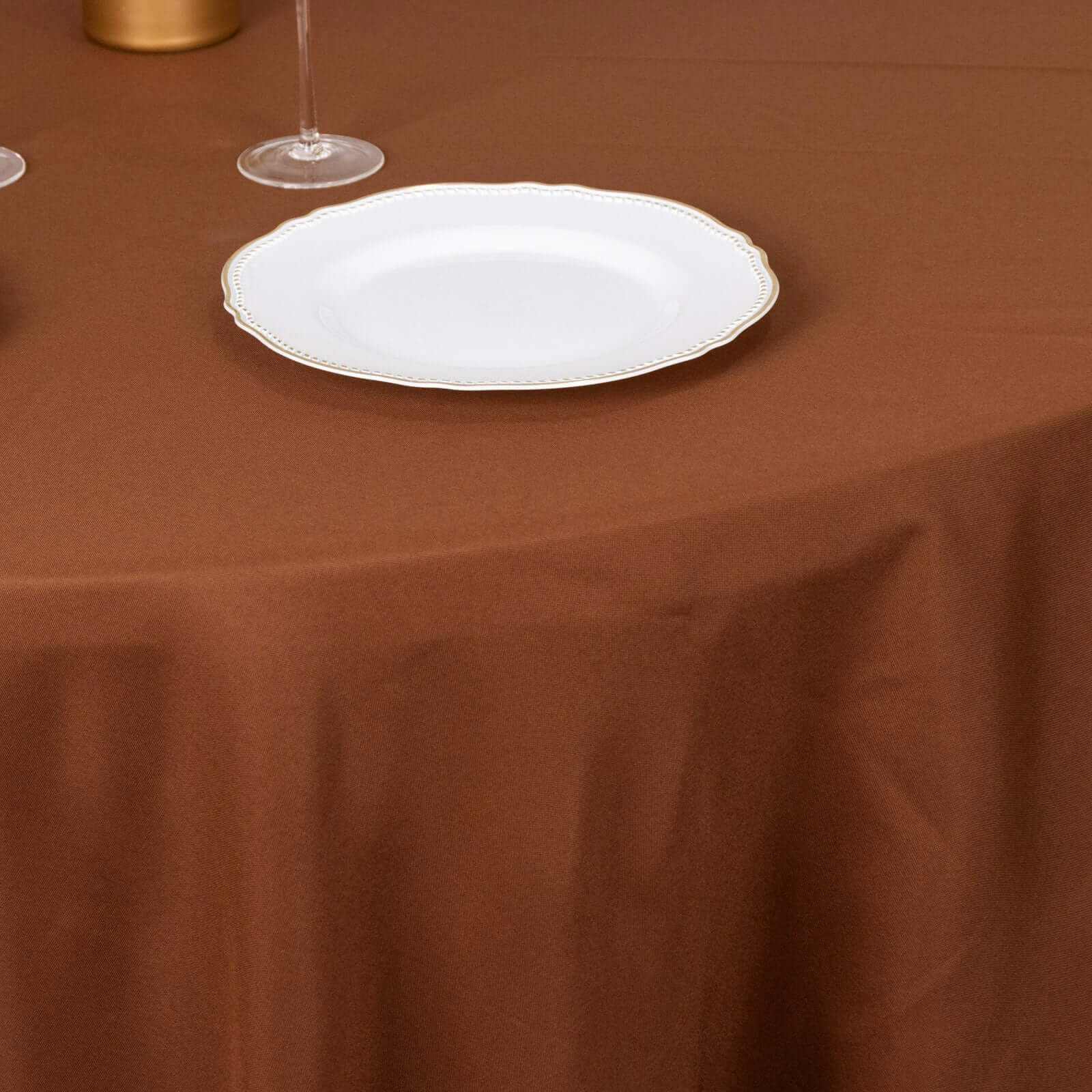 Polyester 132" Round Tablecloth Cinnamon Brown - Seamless Chic Table Cover
