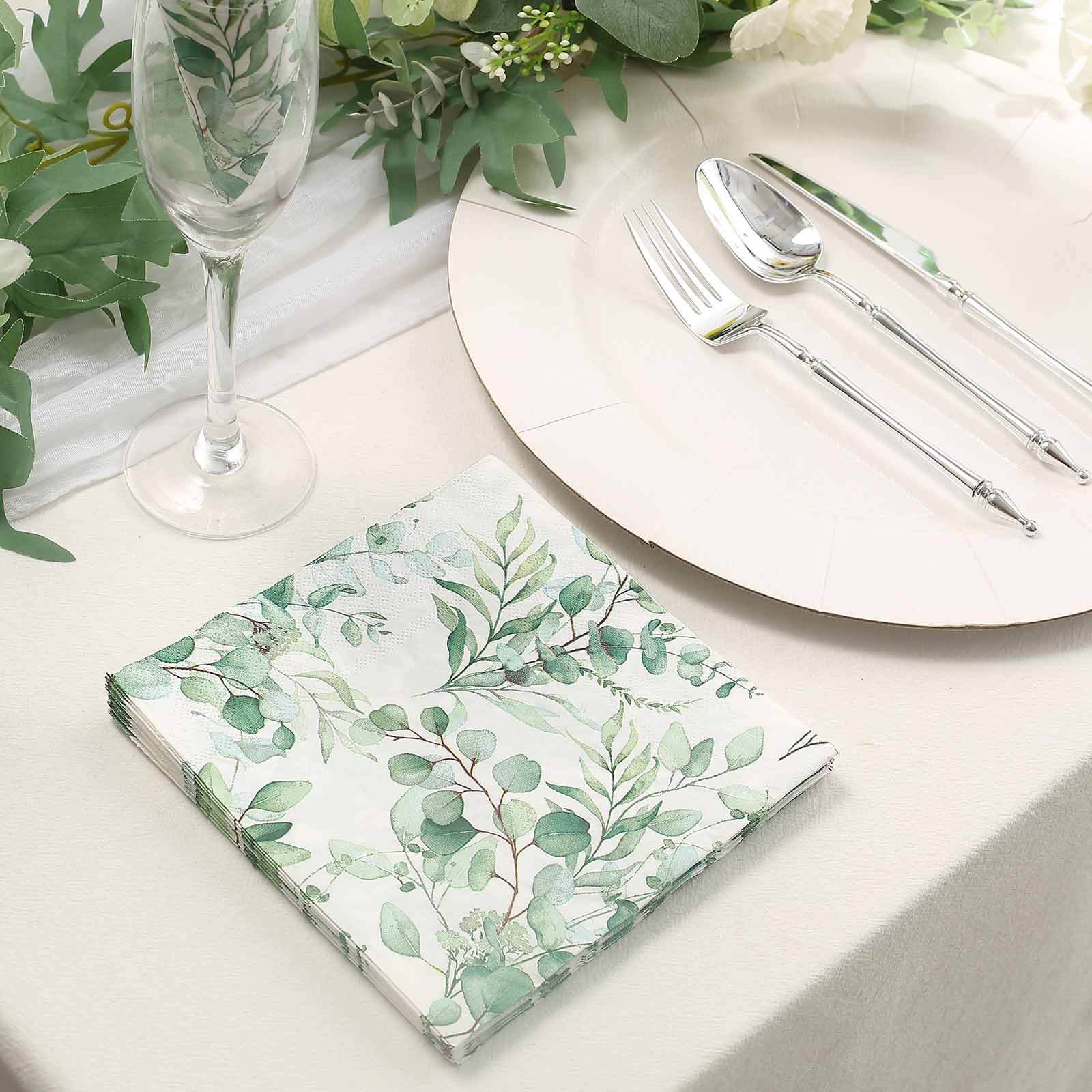 20-Pack Paper Beverage Napkins with Green Foliage Eucalyptus Leaves Design - 2 Ply Soft 18GSM Boho Wedding Napkins 6.5"x6.5"