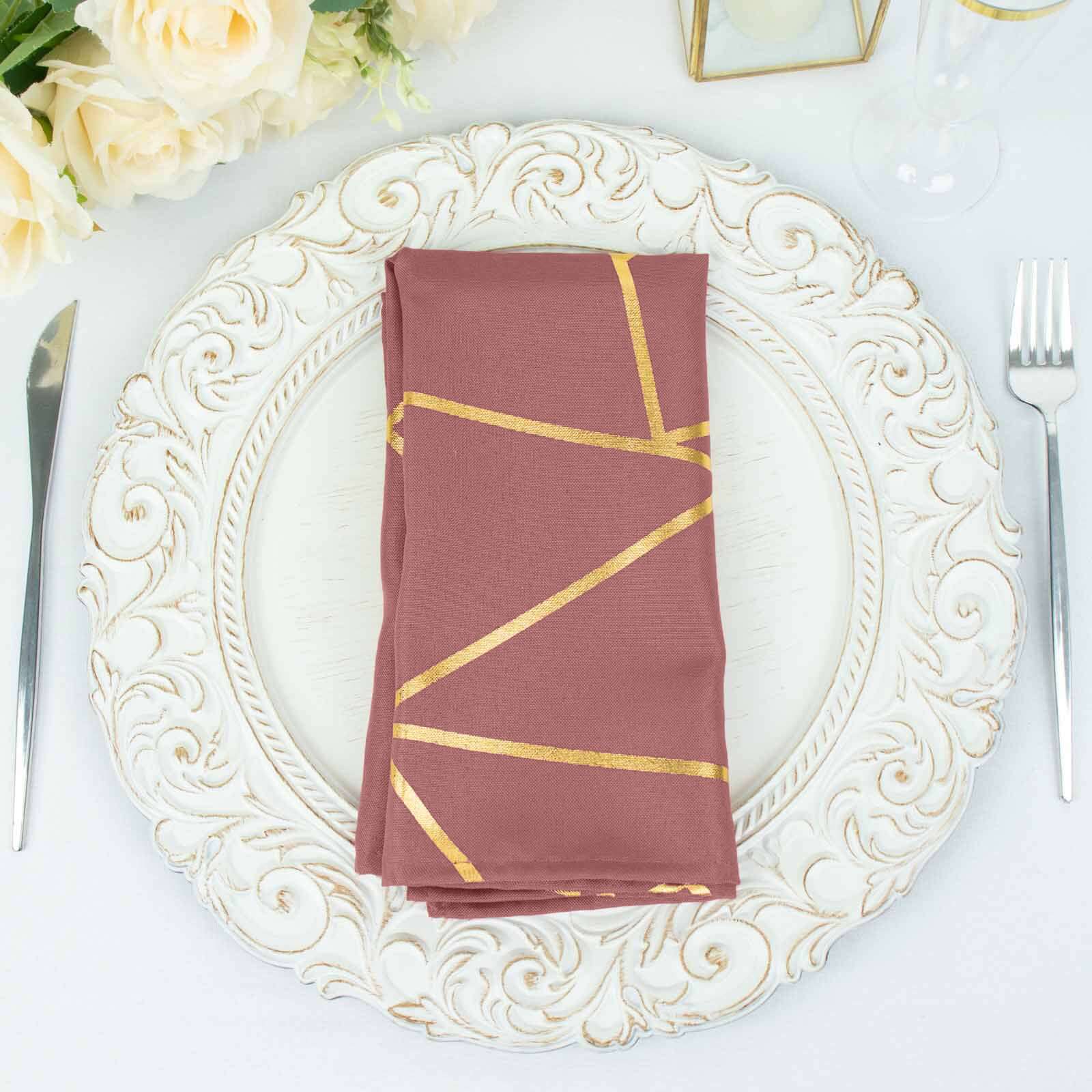 5 Pack Polyester 20"x20" Napkins Cinnamon Rose with Gold Geometric Foil Pattern - Modern Reusable Dinner Napkins