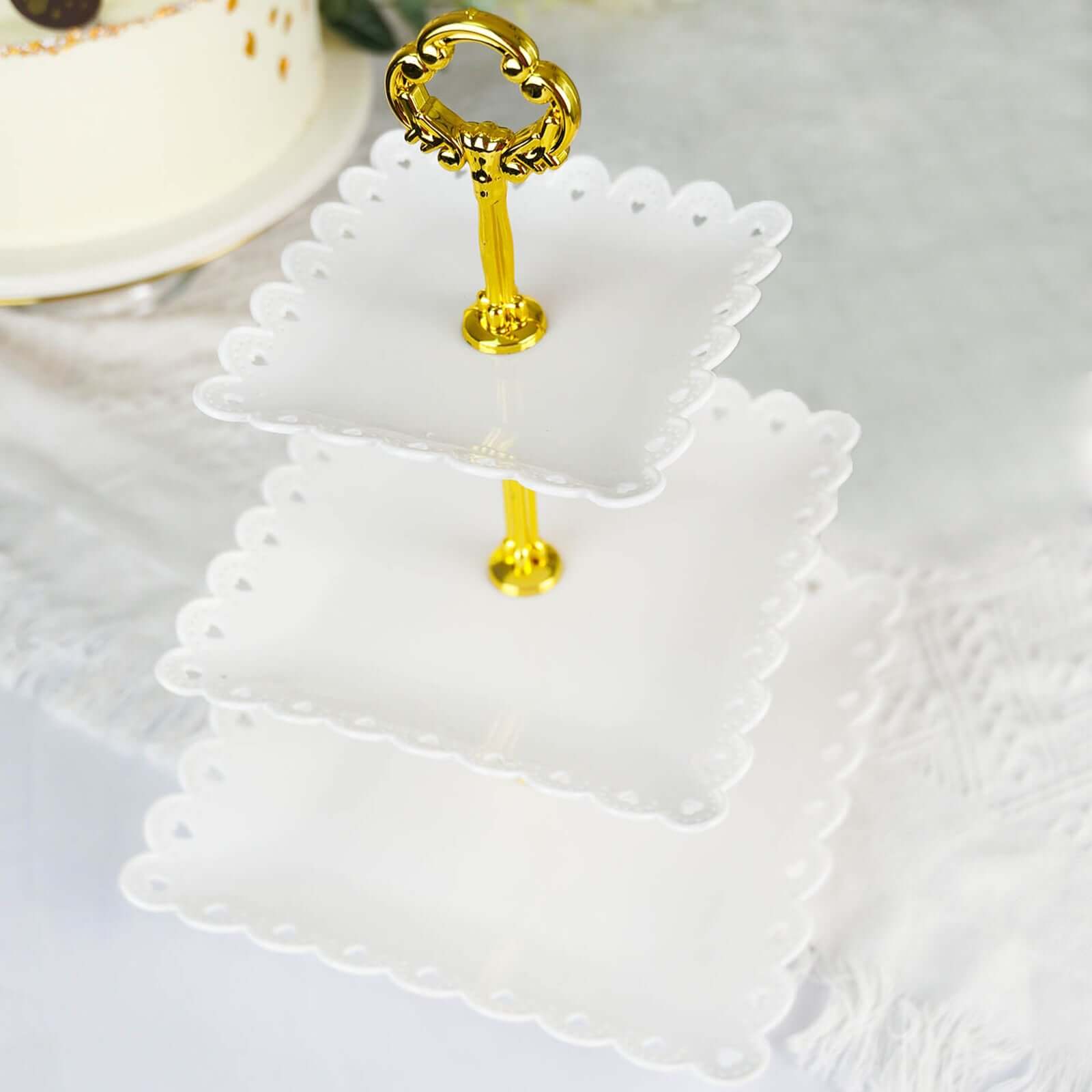 3-Tier Plastic Square Cupcake Stand Tower White - Charming Disposable Dessert Display Serving Tray Platter with Heart Wavy Edge & Gold Top Handle for Tea Parties Weddings & Special Occasions 13"