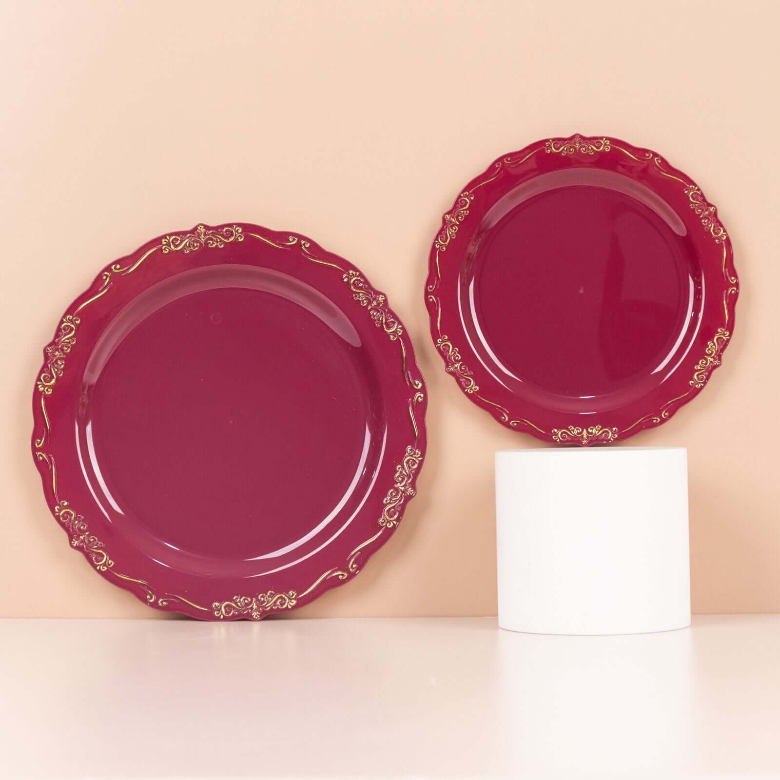 10-Pack Plastic 7" Round Dessert Plates in Burgundy with Gold Vintage Embossed Rim - Sturdy Disposable Scalloped Edge Salad Plates