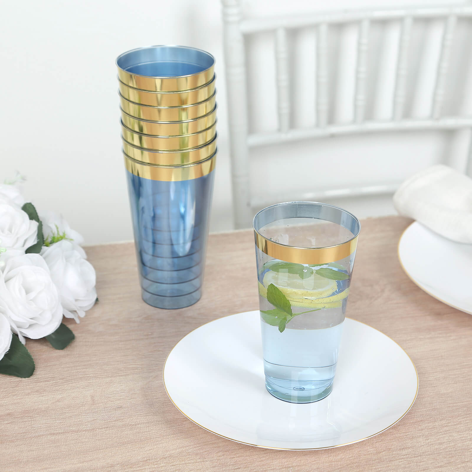 12-Pack Plastic Party Cups Transparent Dusty Blue with Gold Rim - Durable Disposable Tumblers for Drinks 17oz 5.5"