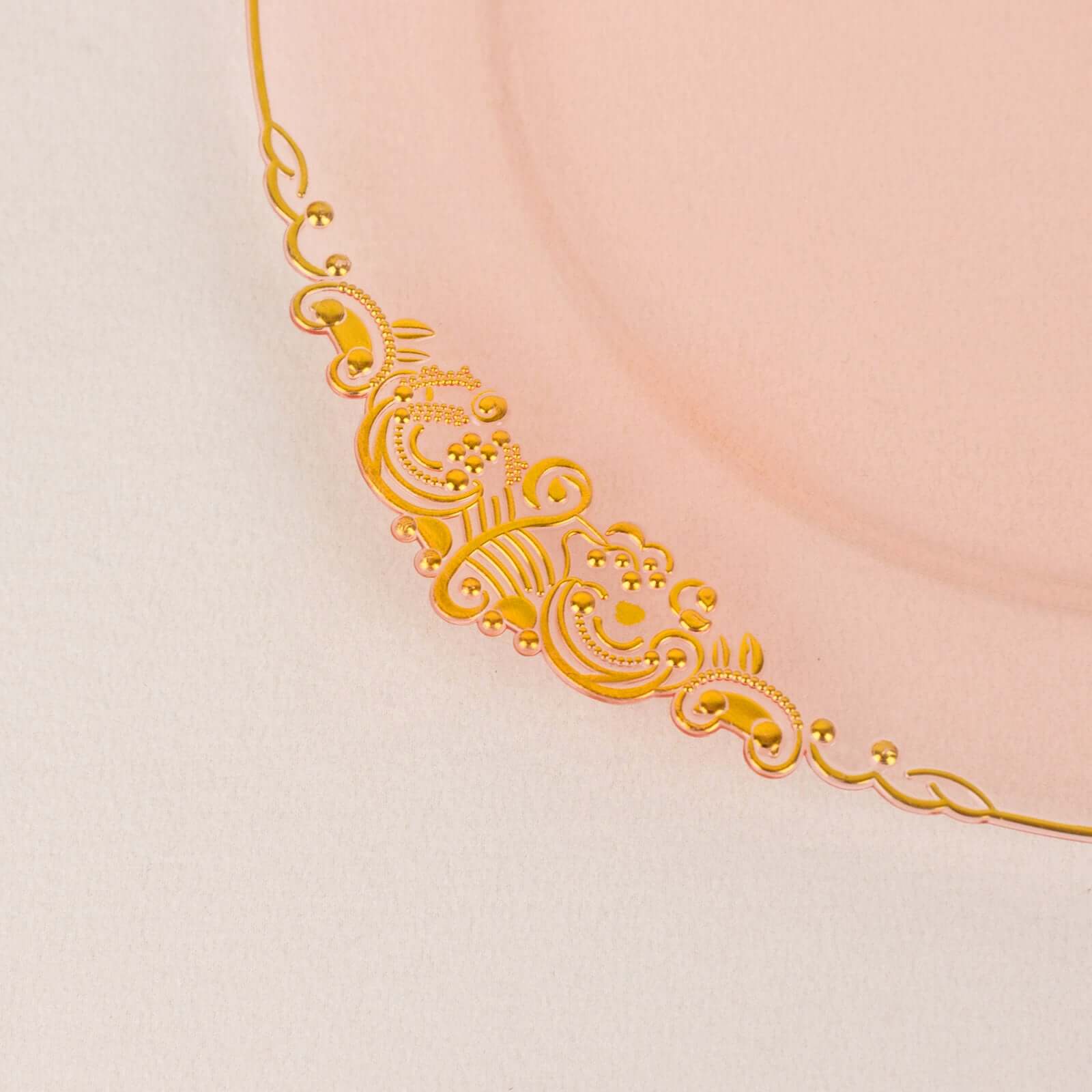 10-Pack Plastic 10" Round Dinner Plates in Transparent Blush with Gold Leaf Embossed Rim - Disposable Vintage Baroque Style Plates