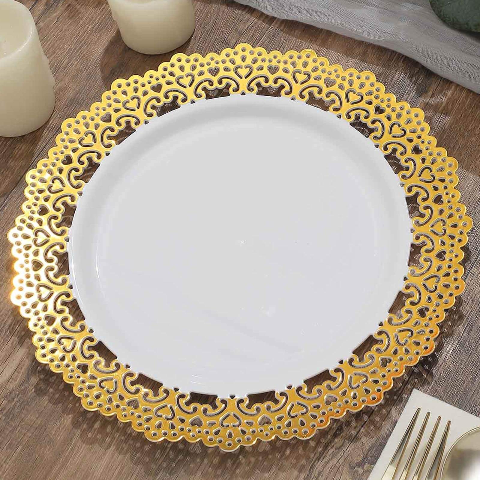 10-Pack Plastic 10" Round Dinner Plates in White with Gold Lace Rim - Disposable Party Plates for Classy Events & Banquets