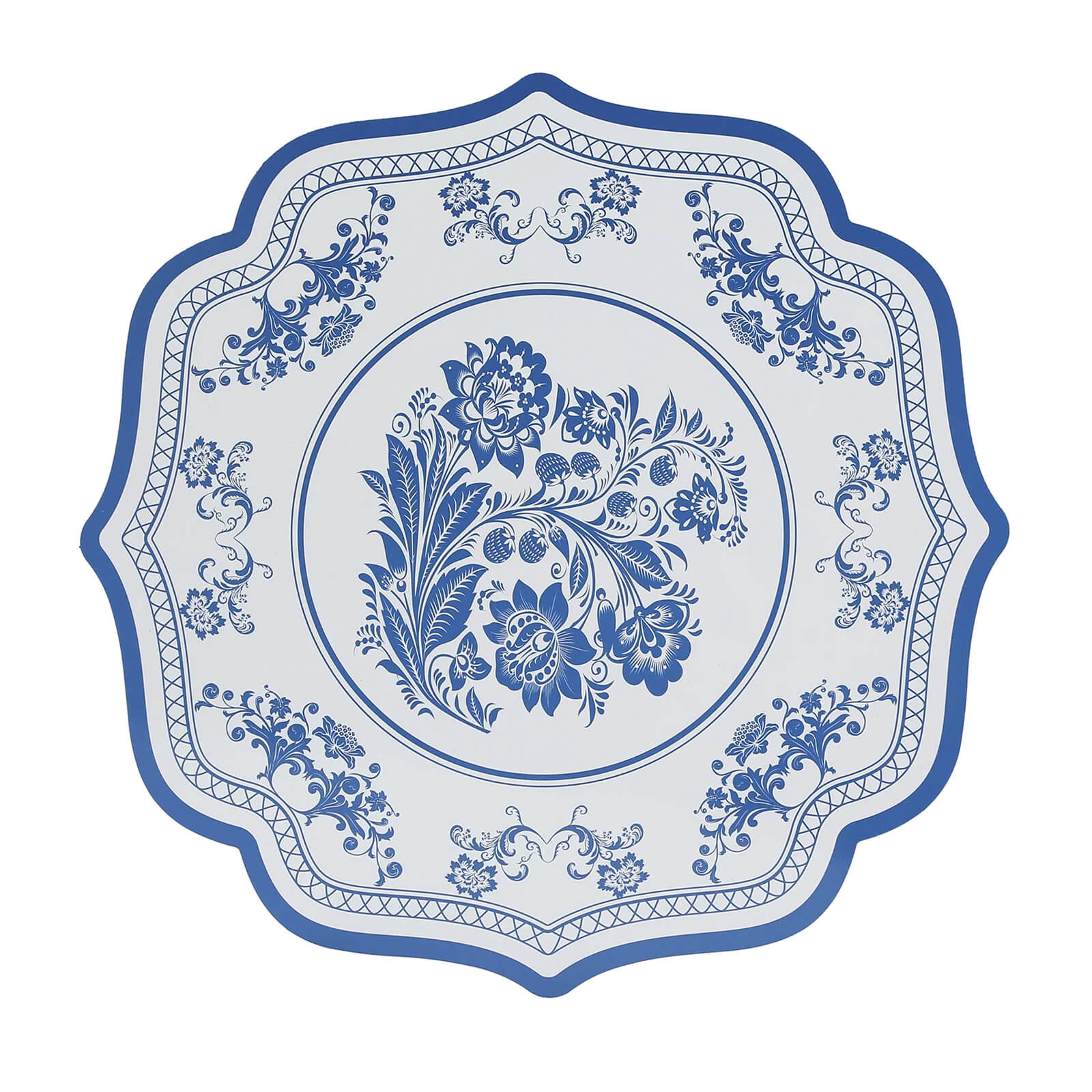 10 Pack Cardboard Paper Table Mats with White Royal Blue Damask Floral Pattern, 13" Round Disposable Placemats with Scalloped Rim - 400 GSM