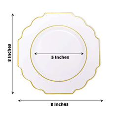10-Pack Plastic Dessert Appetizer Plates in White Baroque Design with Scalloped Gold Rim - Heavy Duty Disposable Salad Plates for Formal Events & Banquets 8"