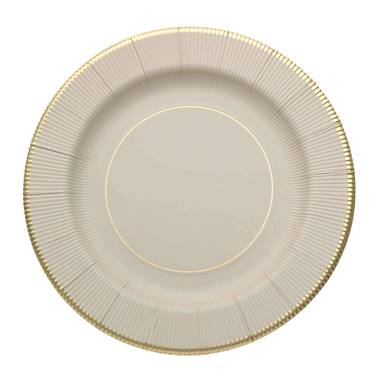 25-Pack Disposable Round Charger Plates in Taupe Sunray Design with Gold Rim - 350GSM Heavy Duty Paper Chargers 13"