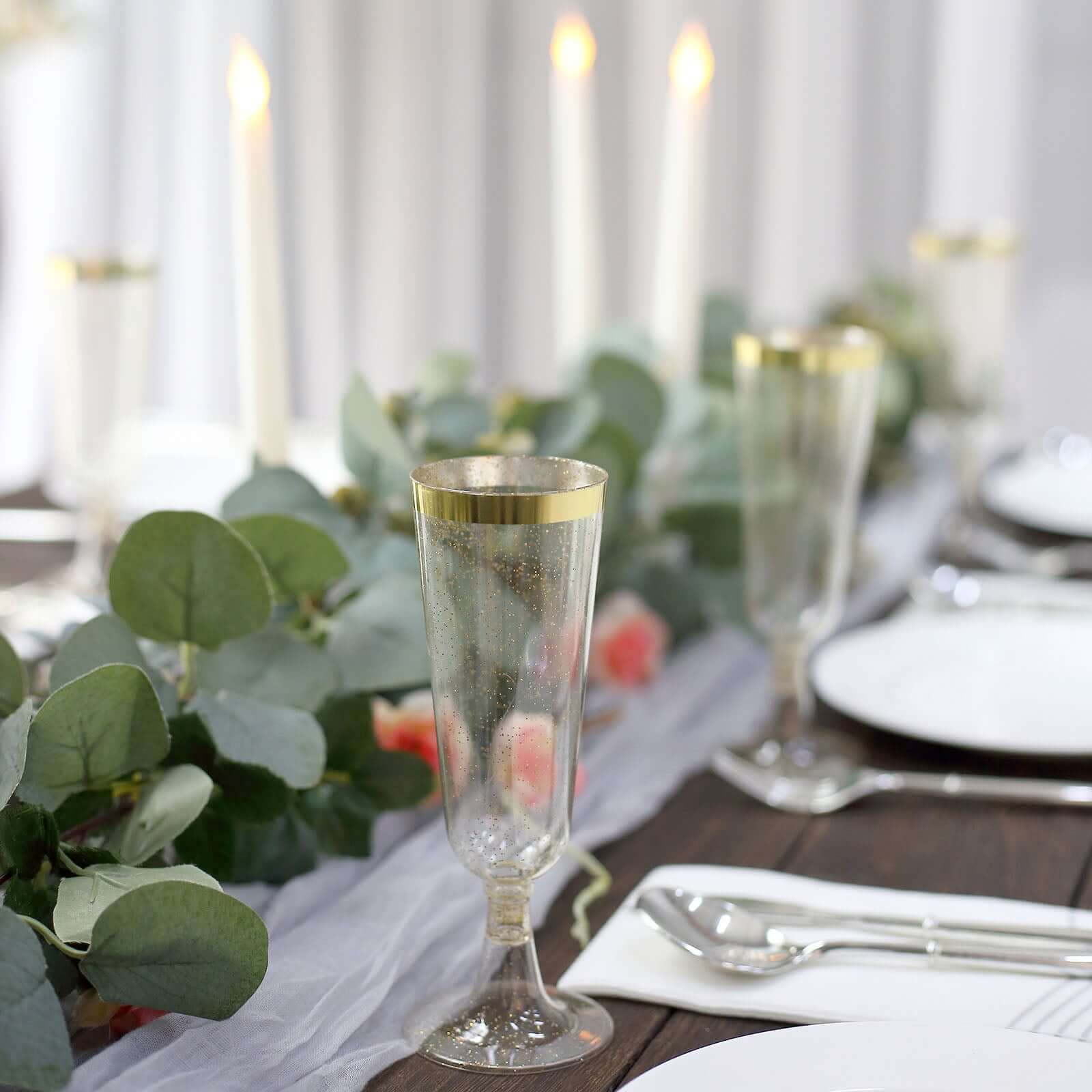 12-Pack Plastic Champagne Flutes Clear Gold Glittered with Gold Rim - Stylish Disposable Cocktail Glasses for Parties 6oz 6"
