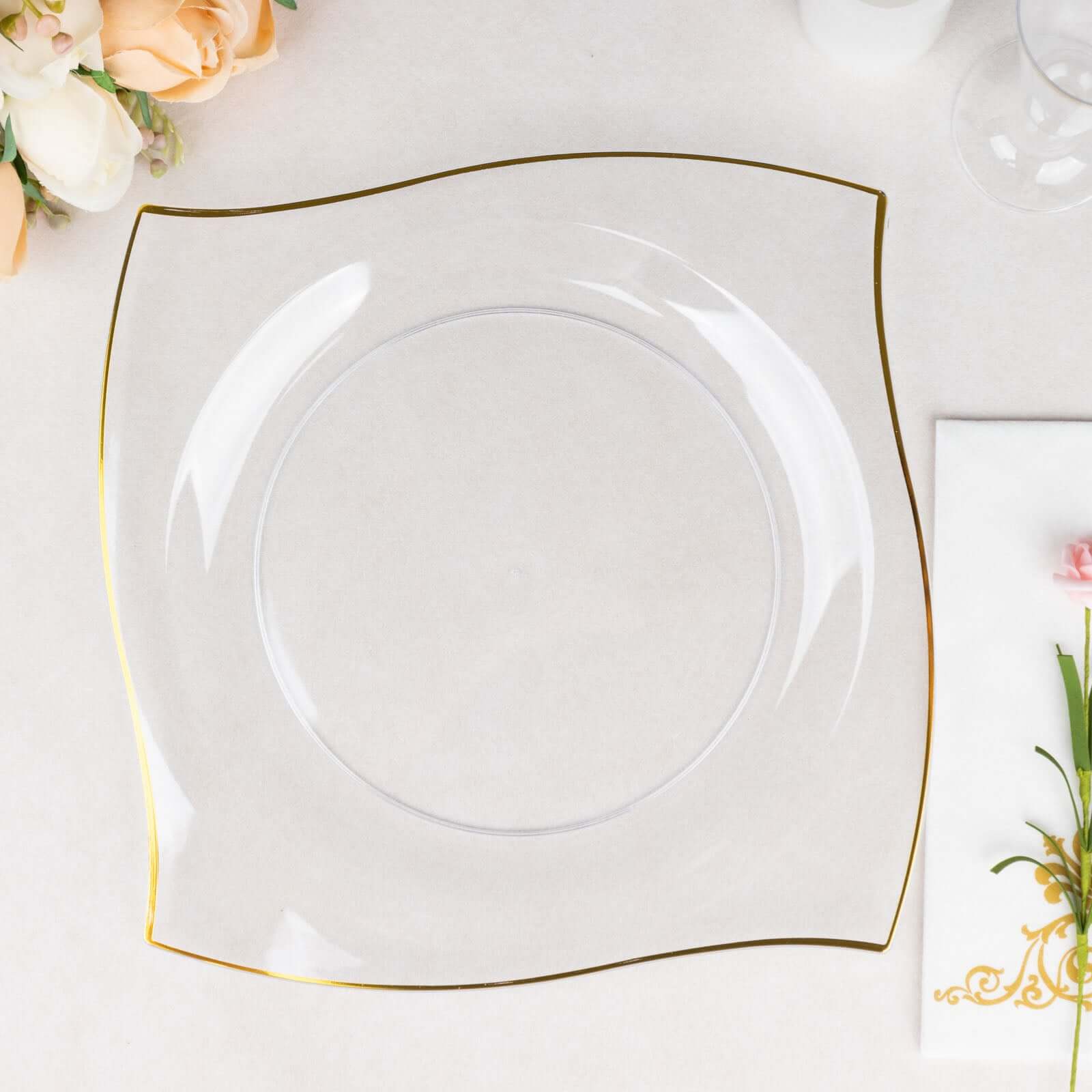 10-Pack Plastic 10" Square Dinner Plates in Clear with Gold Wavy Rim Modern - Disposable Party Plates