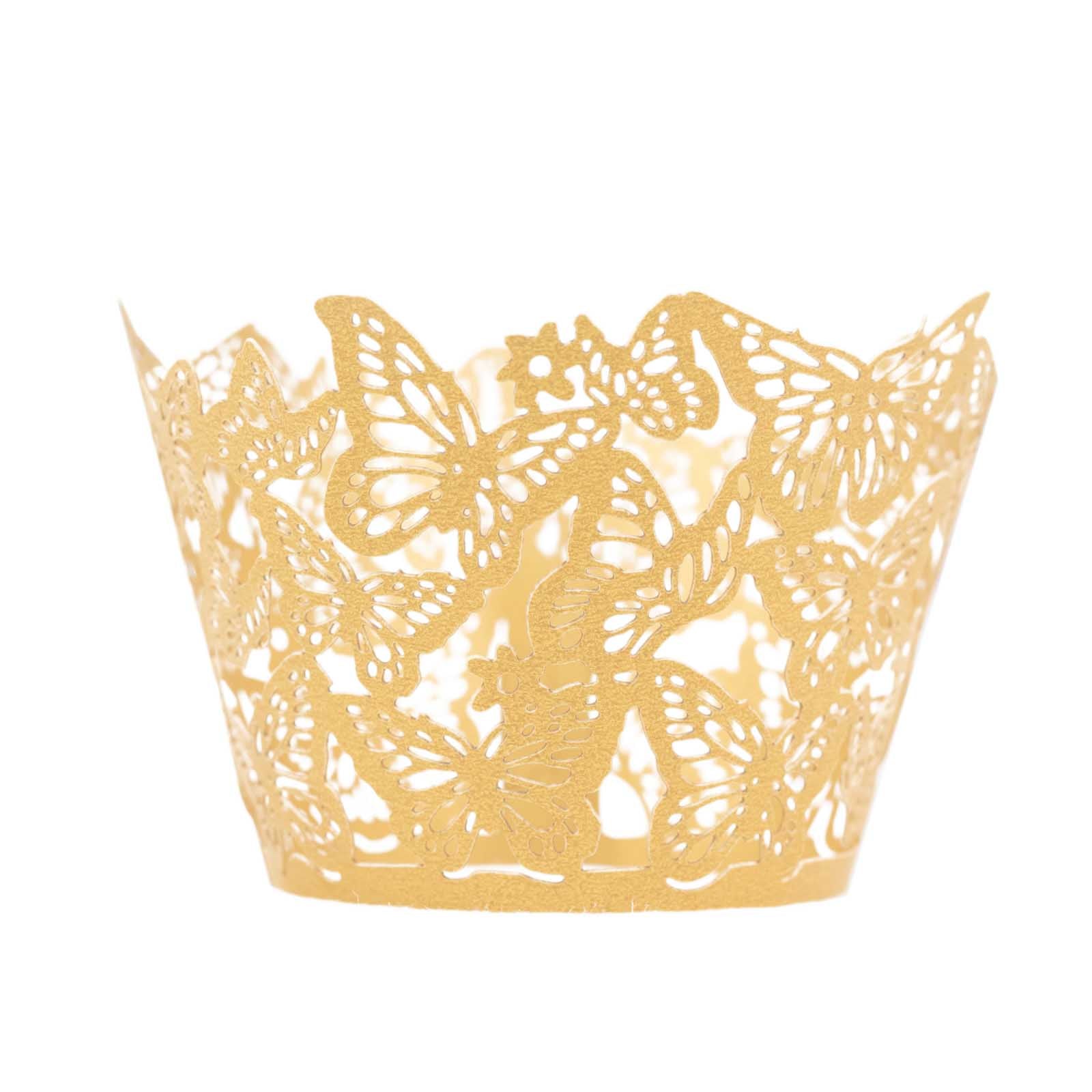 25-Pack Paper Cupcake Liners Butterfly Lace Pattern Design Gold - Round Muffin Wrapper Cups 3"