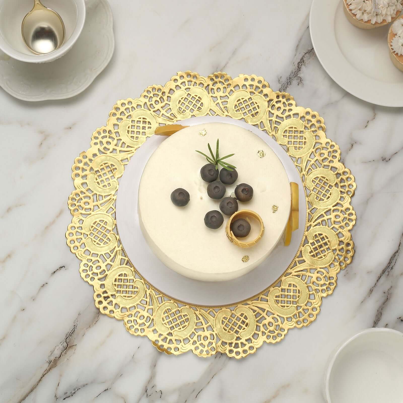 50 Pcs Paper 12" Round Placemats in Gold - Food Grade Lace Paper Doilies for Dessert Display & Table Decor