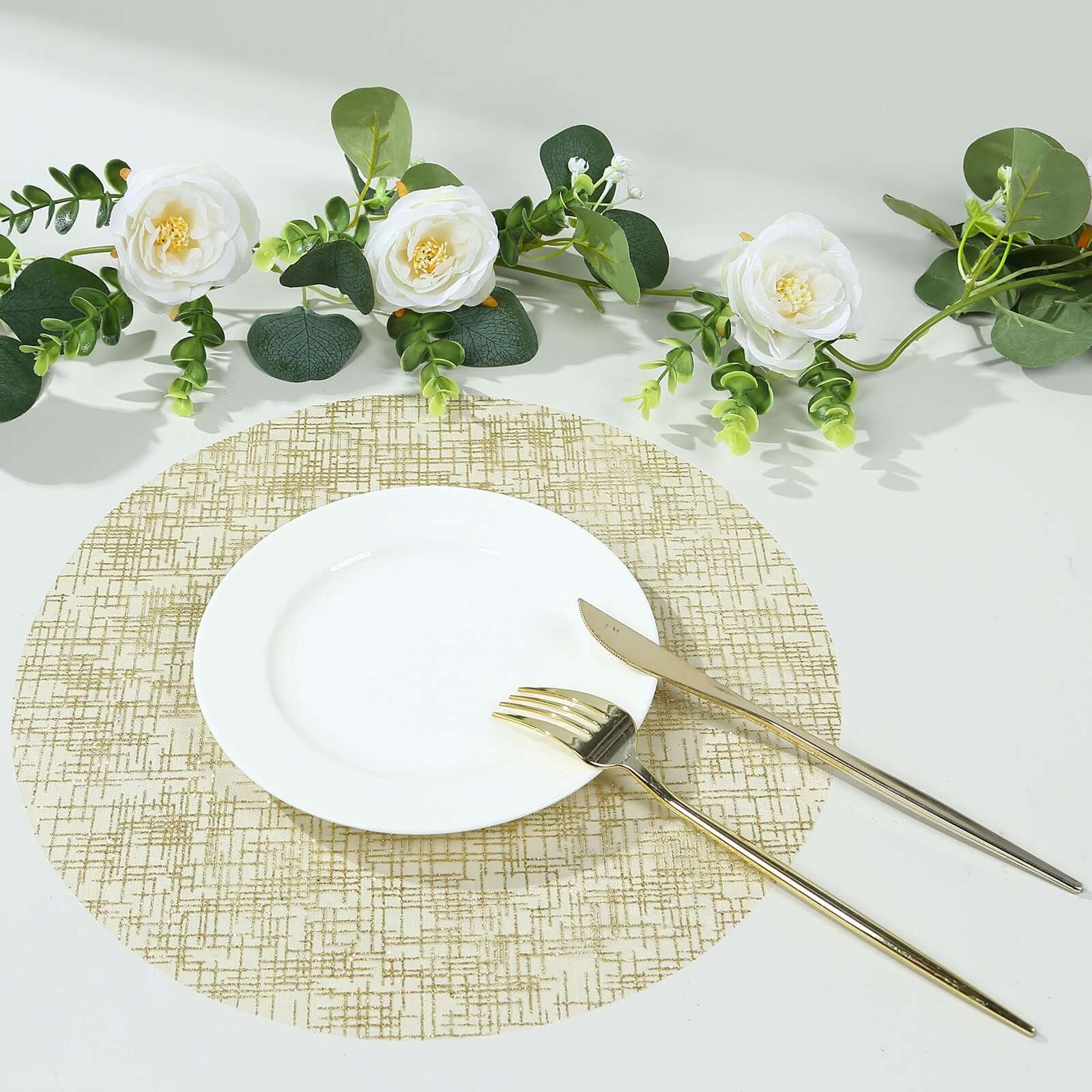 10-Pack Table Placemats Glitter Design Metallic Gold Round - Mesh Polyester Disposable Mats 13"