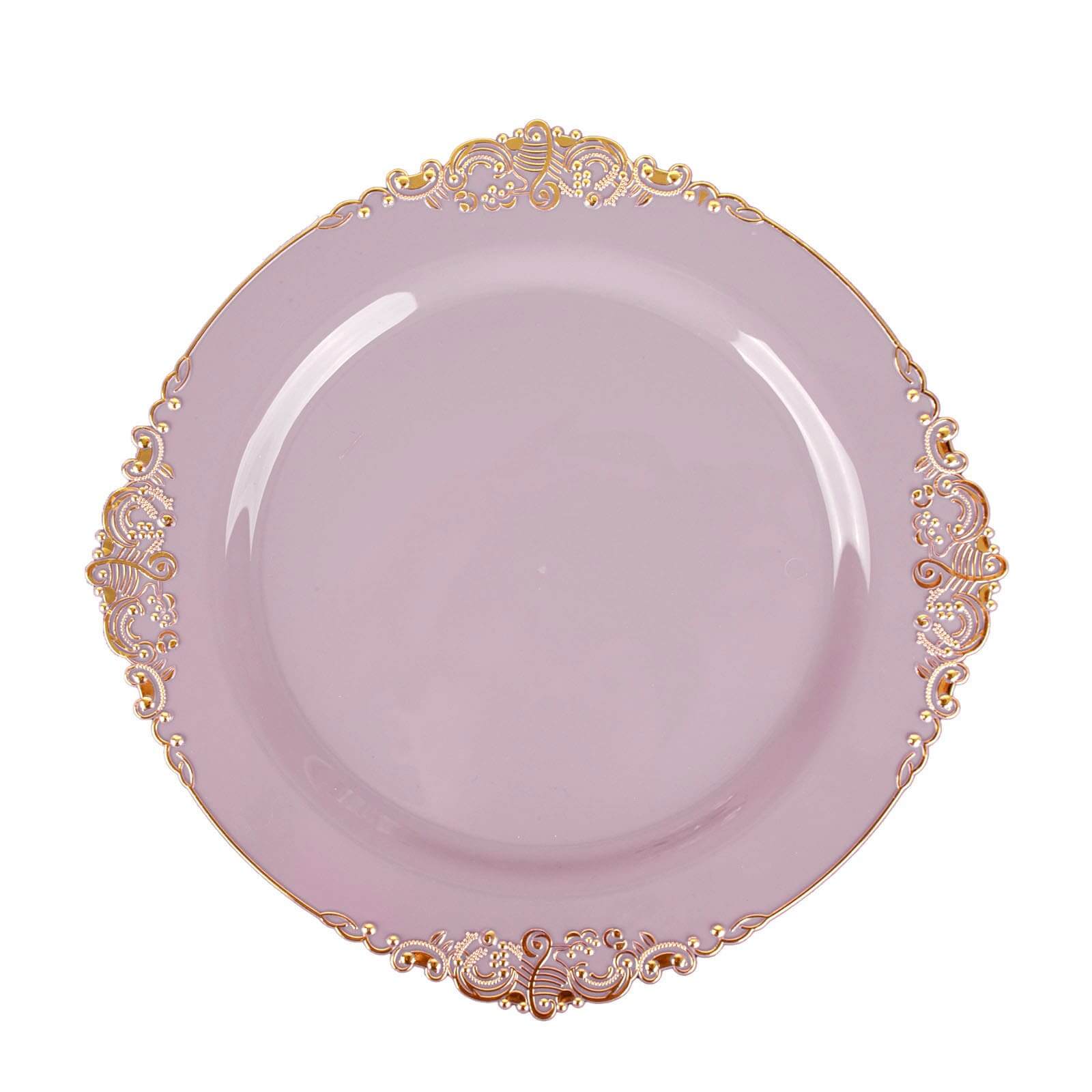 10-Pack Plastic 8" Round Dessert Plates in Lavender Lilac with Gold Leaf Embossed Rim - Disposable Vintage Baroque Style Salad Plates