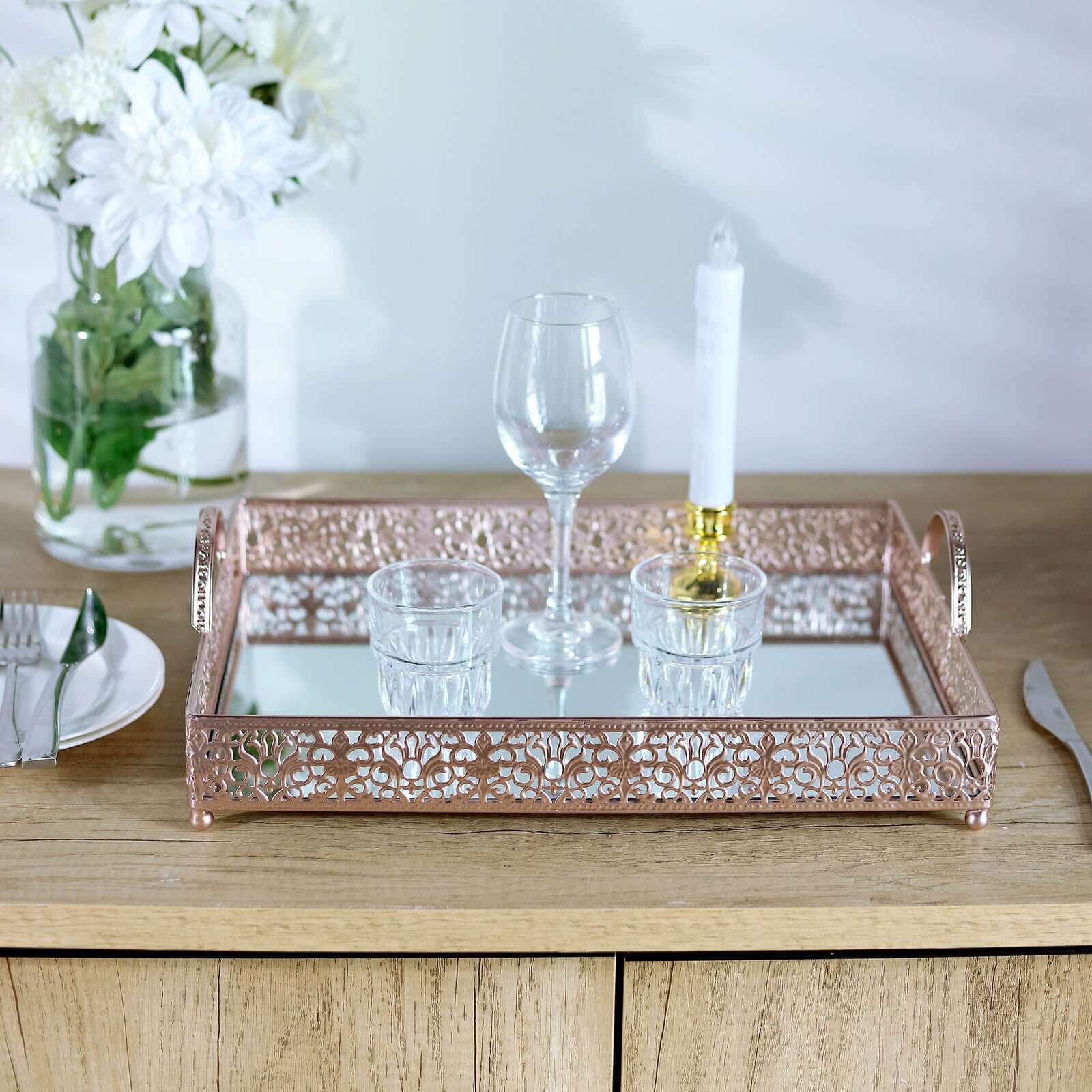 Metal Mirrored Rectangle Serving Tray 16"x12" in Rose Gold Fleur De Lis Design with Handles, French Inspired Decorative Vanity Tray Centerpiece