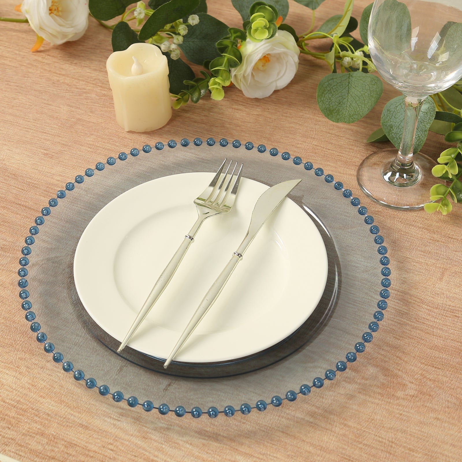 10-Pack Plastic 10" Round Dinner Plates in Transparent Dusty Blue with Beaded Rim - Disposable Party Plates for Banquets & Festive Occasions