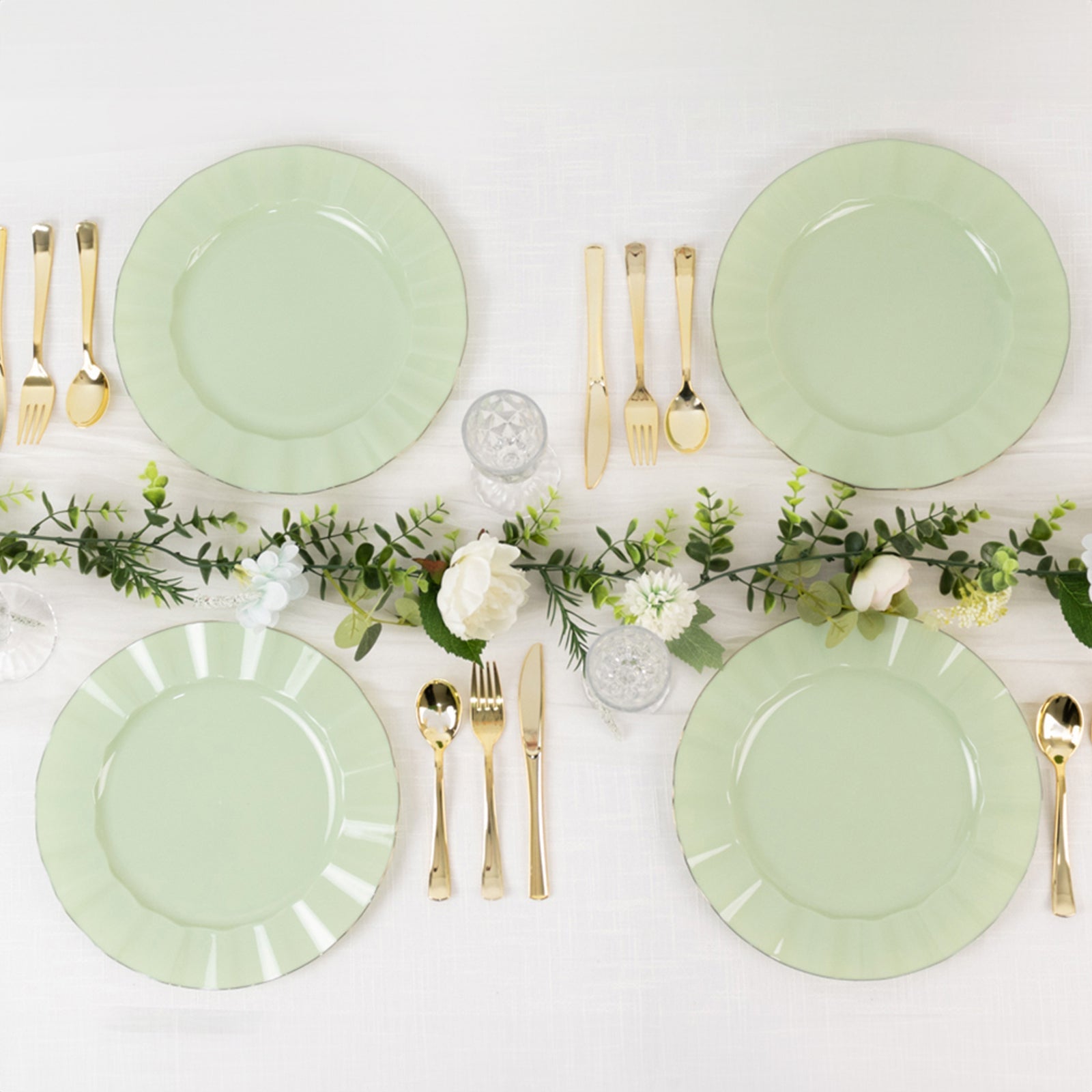 10-Pack Plastic 11" Round Dinner Plates in Sage Green Ruffled Rim with Gold Edging - Sturdy Disposable Dinnerware