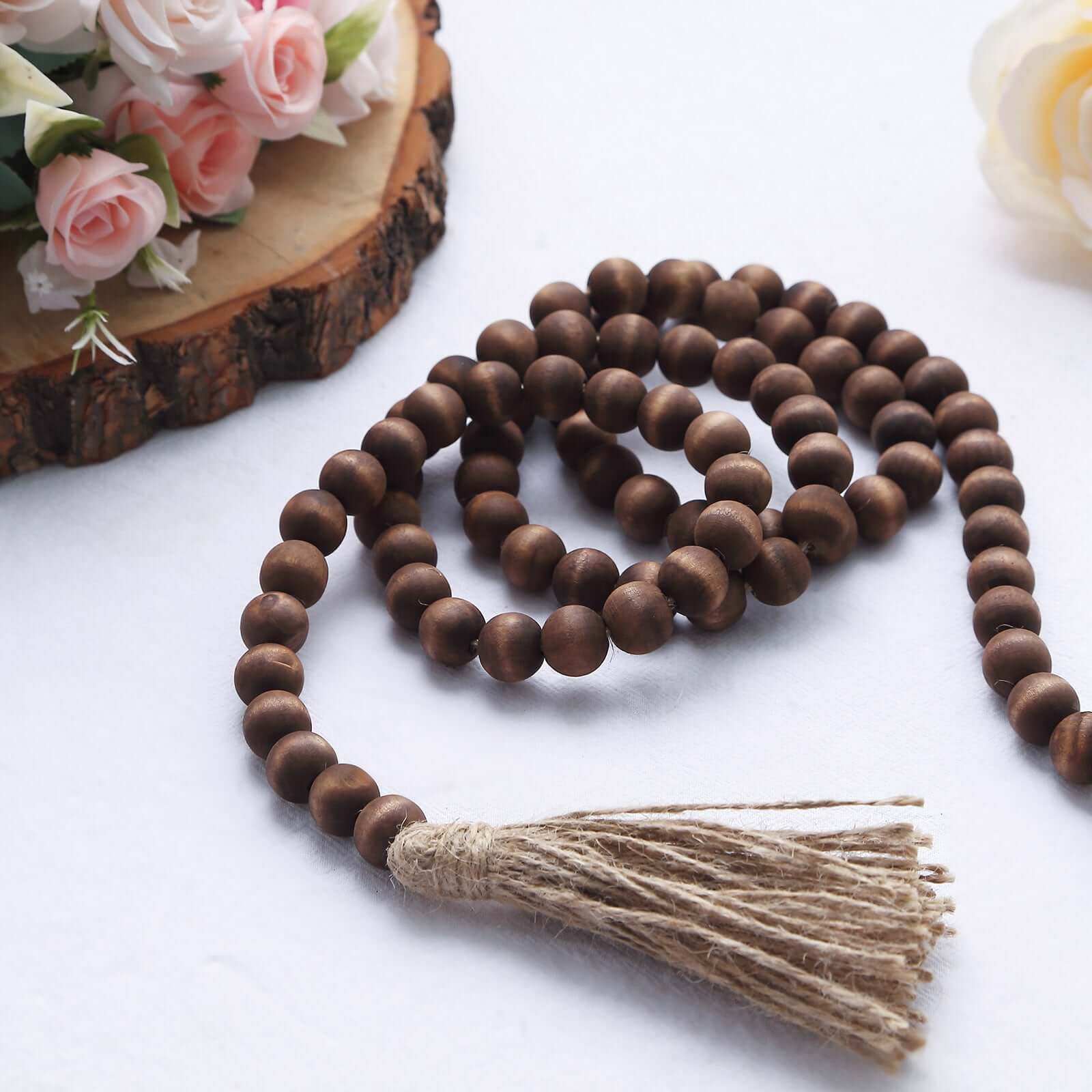 55" Brown Rustic Boho Chic Wood Bead Garland With Tassels, Farmhouse Country Wood Bead Chain