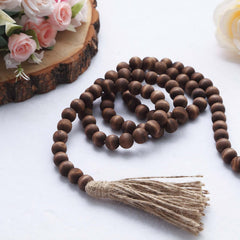 55" Brown Rustic Boho Chic Wood Bead Garland With Tassels, Farmhouse Country Wood Bead Chain