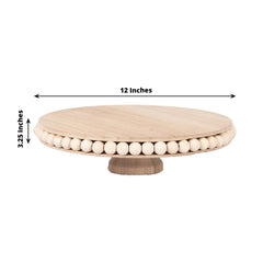 Wooden Pedestal Cake Stand Round Rustic Design with Beaded Edge Natural - Farmhouse Cupcake Holder Serving Tray 12"