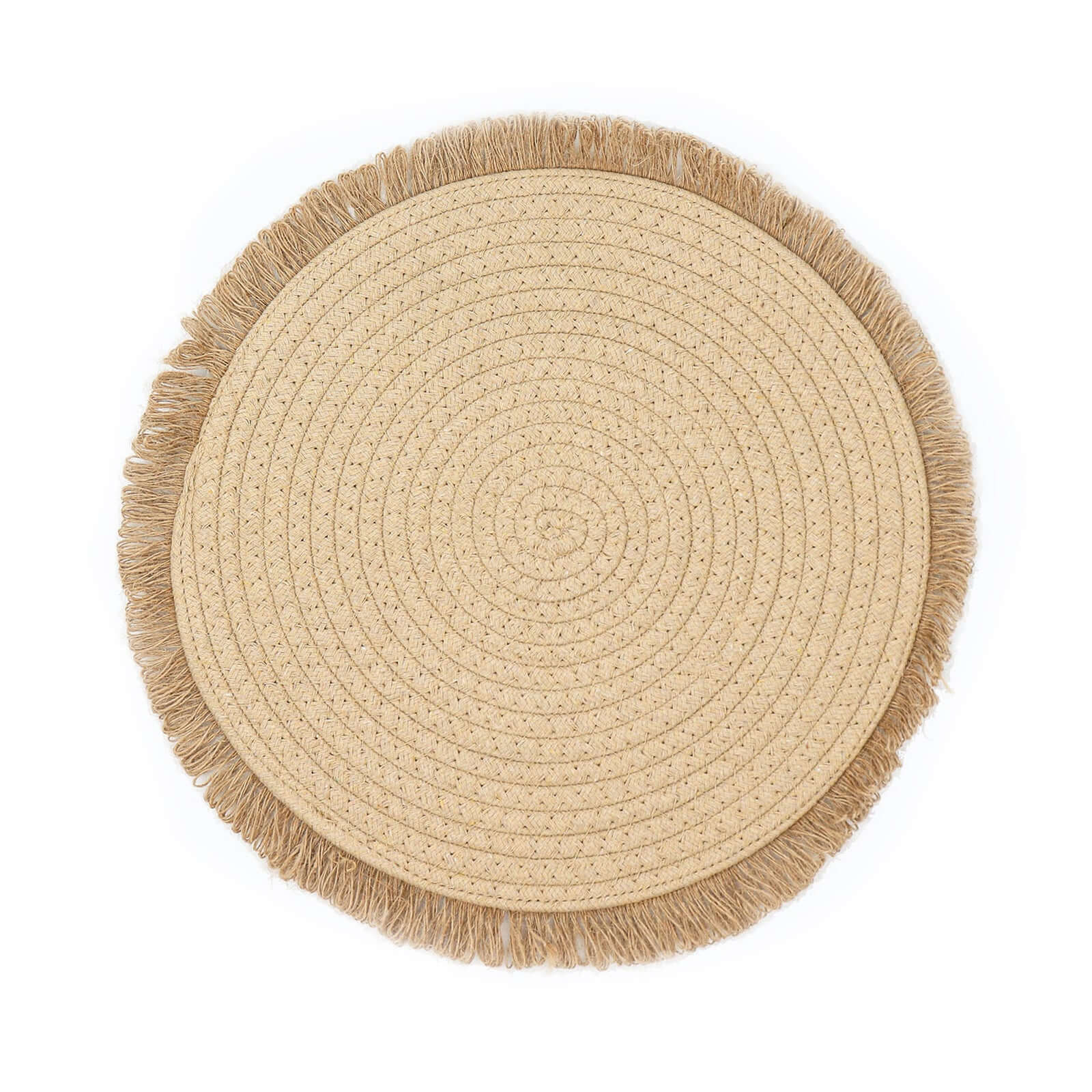 4-Pack Placemats Fringed Edge Design Natural Rustic Burlap Jute Round - Farmhouse Style Table Mats with Trim 15"