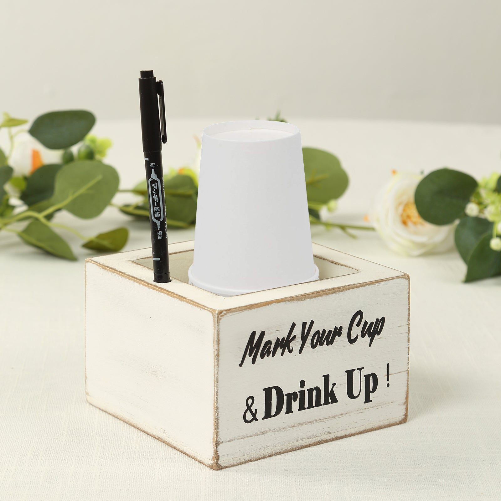 Rustic Wooden Solo Cup Holder Whitewashed with Black Marker - Farmhouse Party Dispenser Box 5.5"