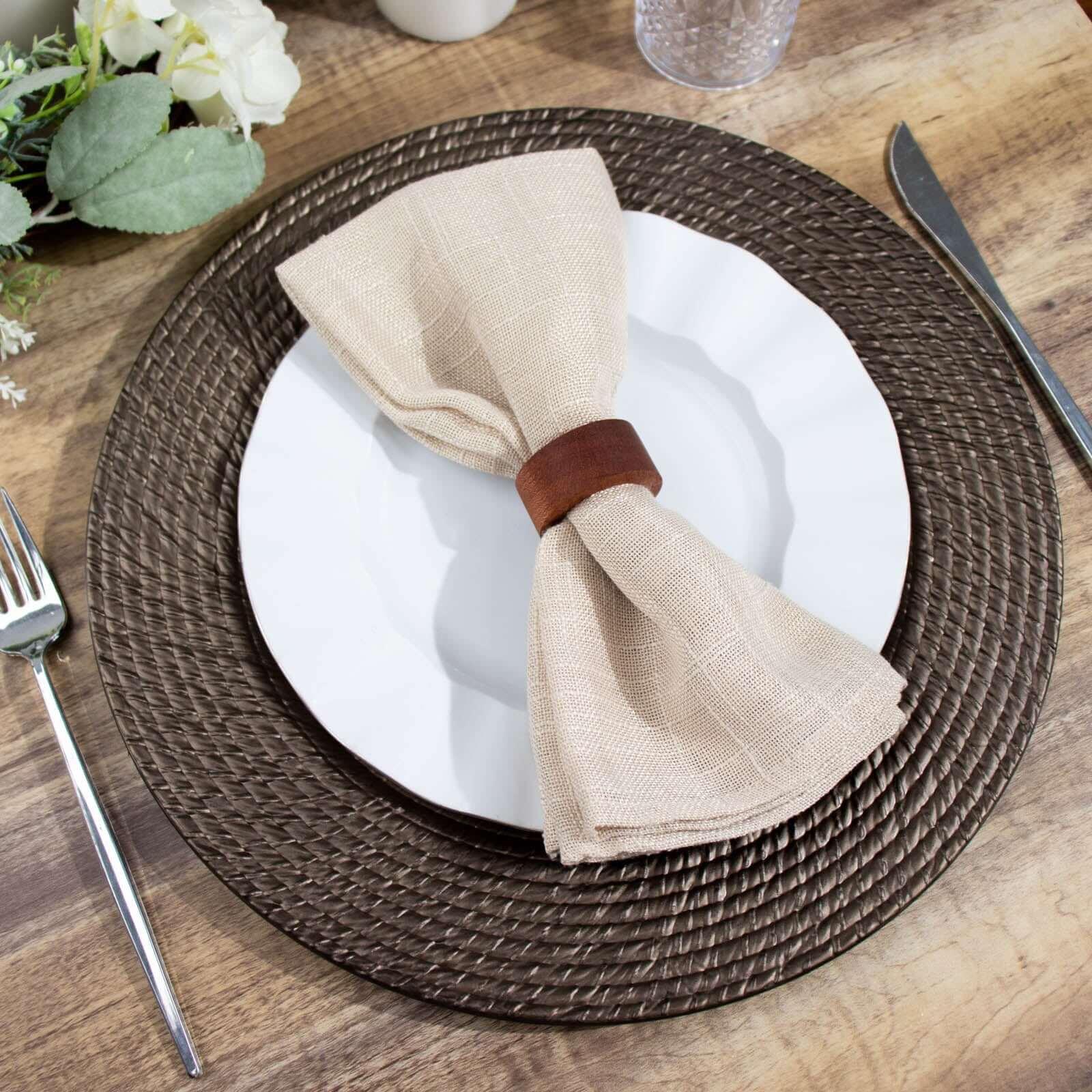 6-Pack Acrylic Round Charger Plates 13" in Natural Brown with Rattan-Like Design, Farmhouse Disposable Plastic Charger Tableware