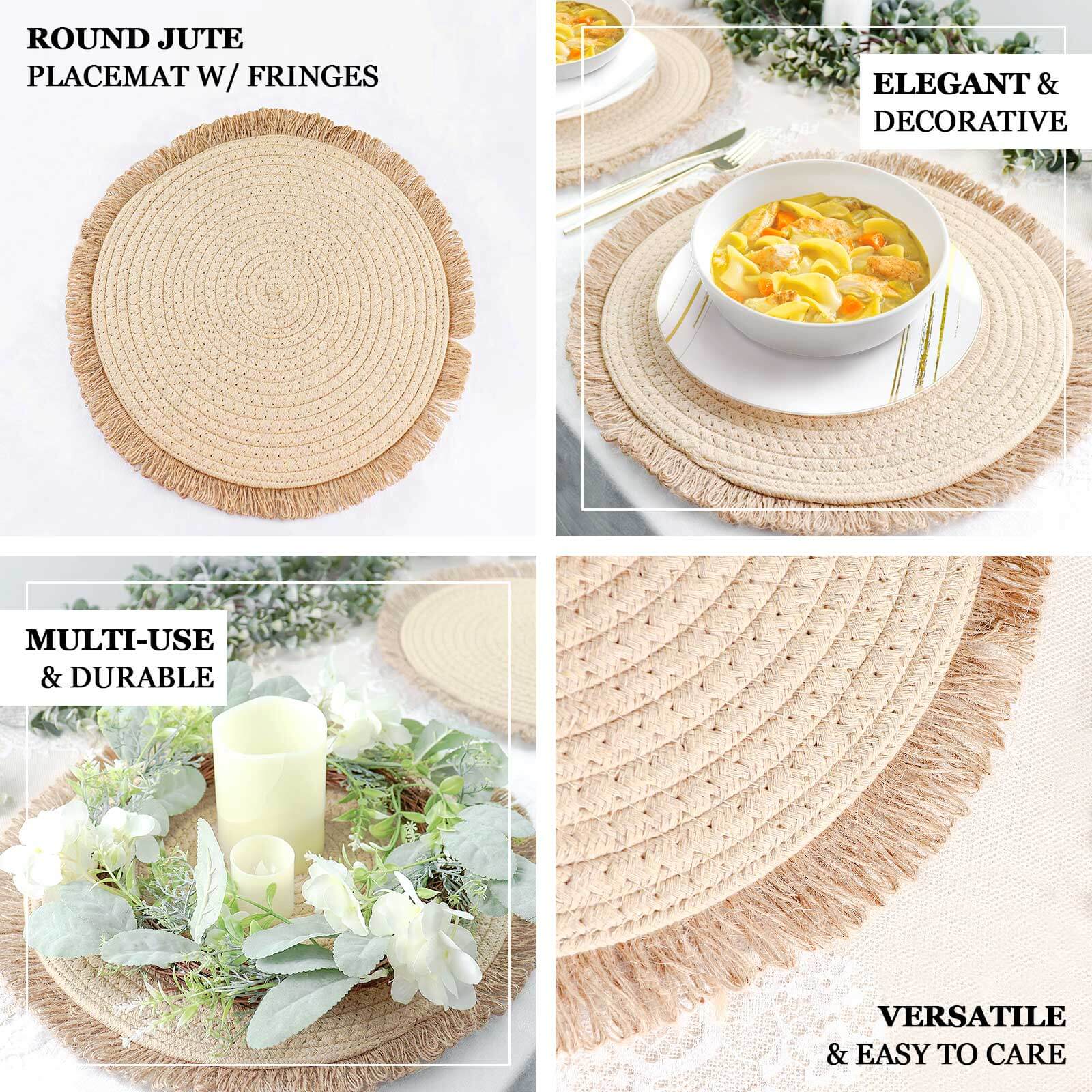 4-Pack Placemats Fringed Edge Design Natural Rustic Burlap Jute Round - Farmhouse Style Table Mats with Trim 15"