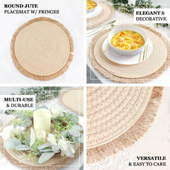 4-Pack Placemats Fringed Edge Design Natural Rustic Burlap Jute Round - Farmhouse Style Table Mats with Trim 15"