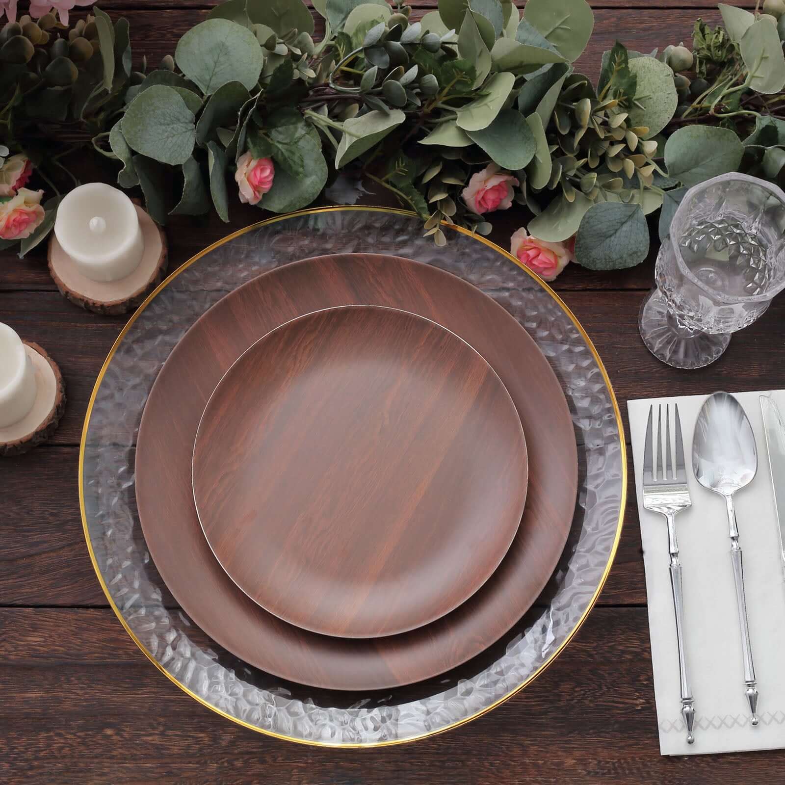 Pack of 6 Melamine 8" Round Dessert Plates in Brown Wood Grain Print - Disposable Shatterproof Appetizer Salad Plates for Rustic Farmhouse-Inspired Table Decor