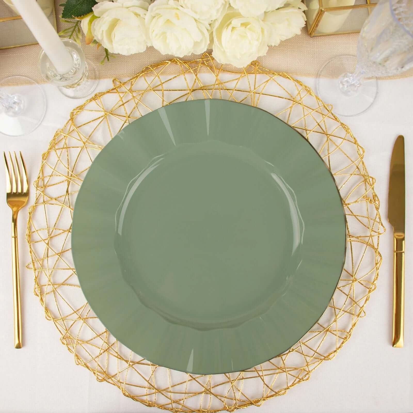 10-Pack Plastic 9" Round Dinner Plates in Dusty Sage Green Ruffled Rim with Gold Edging - Sturdy Disposable Dinnerware