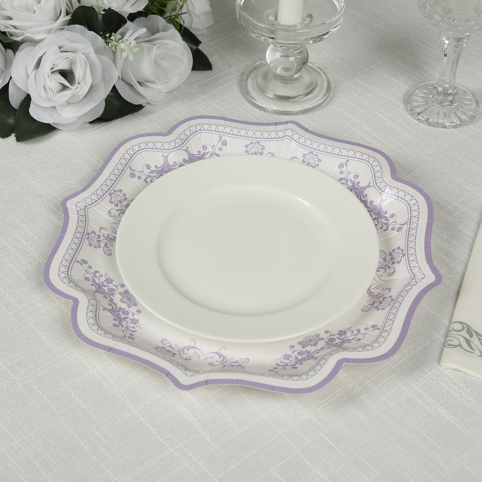 25-Pack Paper Dessert Plates in White with Lavender Lilac Damask Floral Print & Scallop Rim - Stylish Disposable 300GSM Floral Salad Appetizer Plates 8"