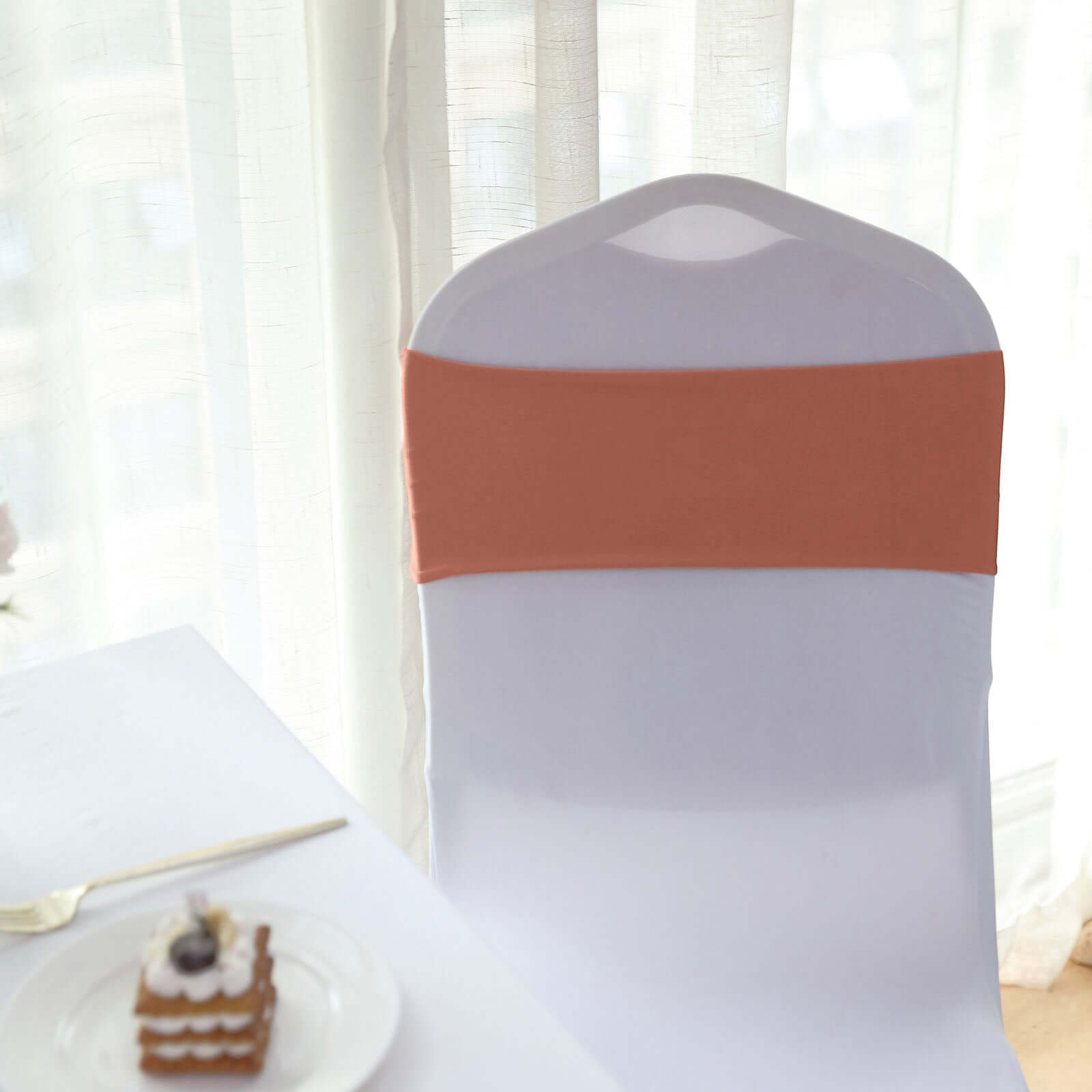 5 Pack Stretch Spandex Chair Sashes Terracotta (Rust) - Fitted Finish Two Ply Heavy Duty Chair Bands 5"x12"