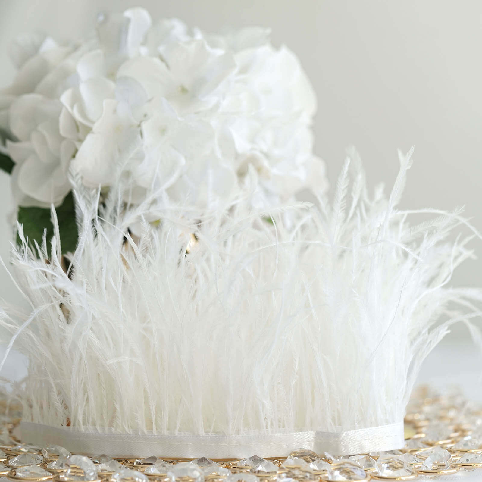 39" White Real Ostrich Feather Fringe Trim With Satin Ribbon Tape