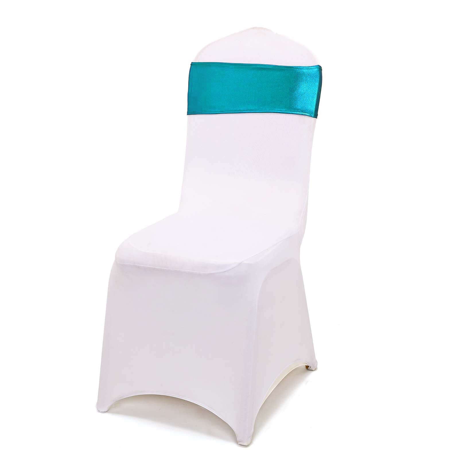 5 Pack Metallic Spandex Chair Sashes Peacock Teal - Stretch Fit Chair Bands With Round Diamond Buckles