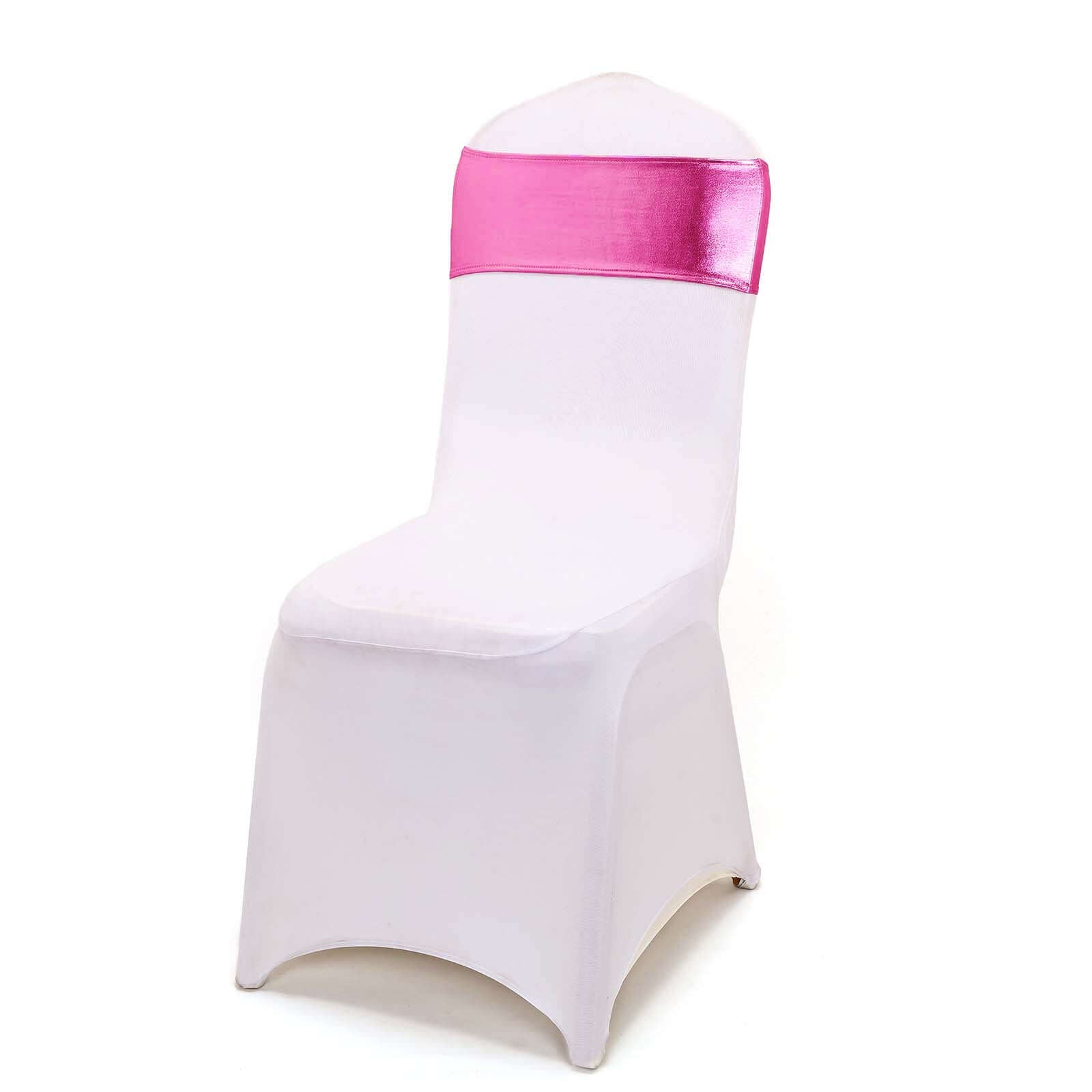5 Pack Metallic Spandex Chair Sashes Fuchsia - Stretch Fit Chair Bands With Round Diamond Buckles