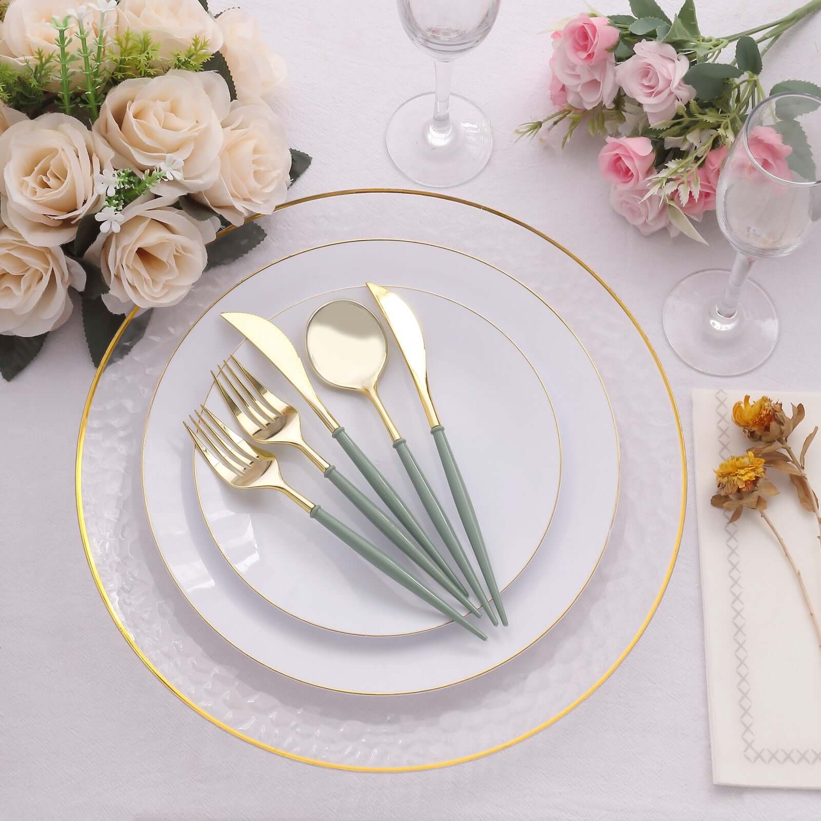 24-Pack Plastic Flatware Set in Metallic Gold with Dusty Sage Green Handle - Heavy Duty Disposable Modern Silverware 8"