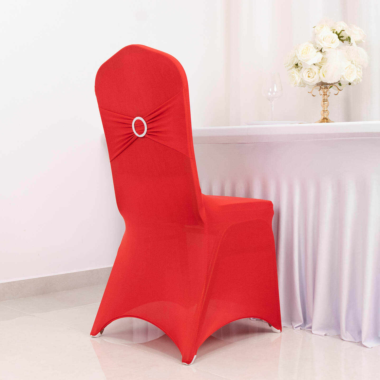 Spandex Chair Cover with Silver Rhinestone Buckled Sash Band Red - Stretch Fitted Slipcover