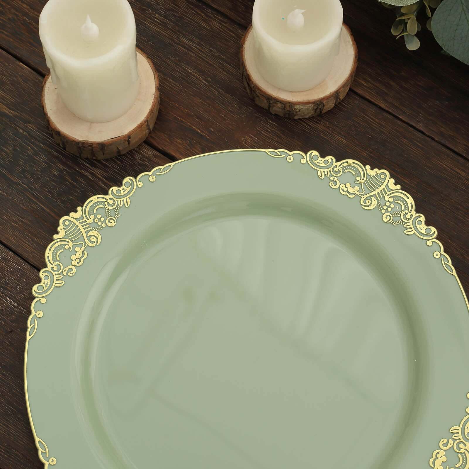 10-Pack Plastic 10" Round Dinner Plates in Sage Green with Gold Leaf Embossed Rim - Disposable Vintage Baroque Style Plates