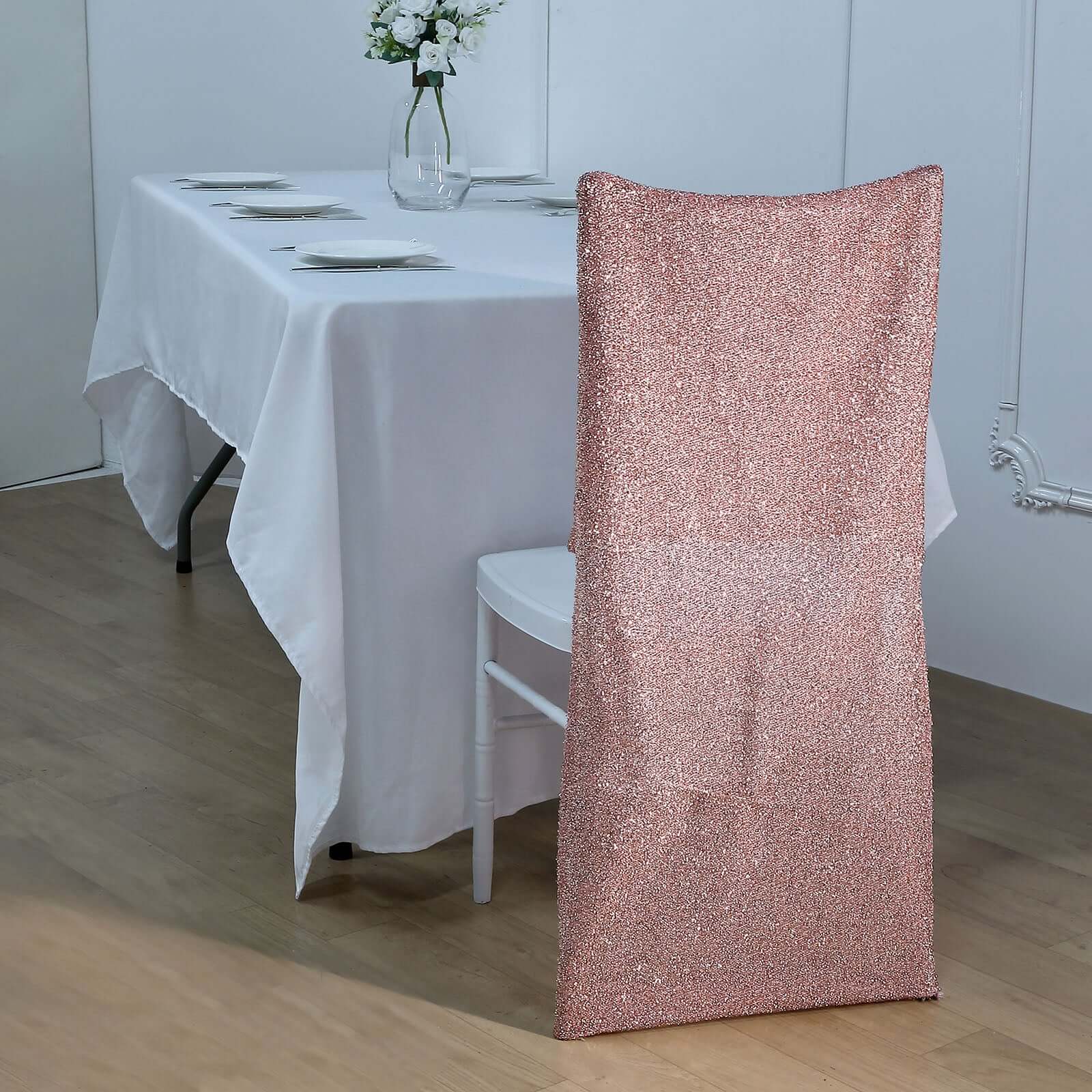 Stretch Spandex Chair Back Slipcover with Metallic Shimmer Tinsel Rose Gold - Durable Chiavari Chair Back Cover