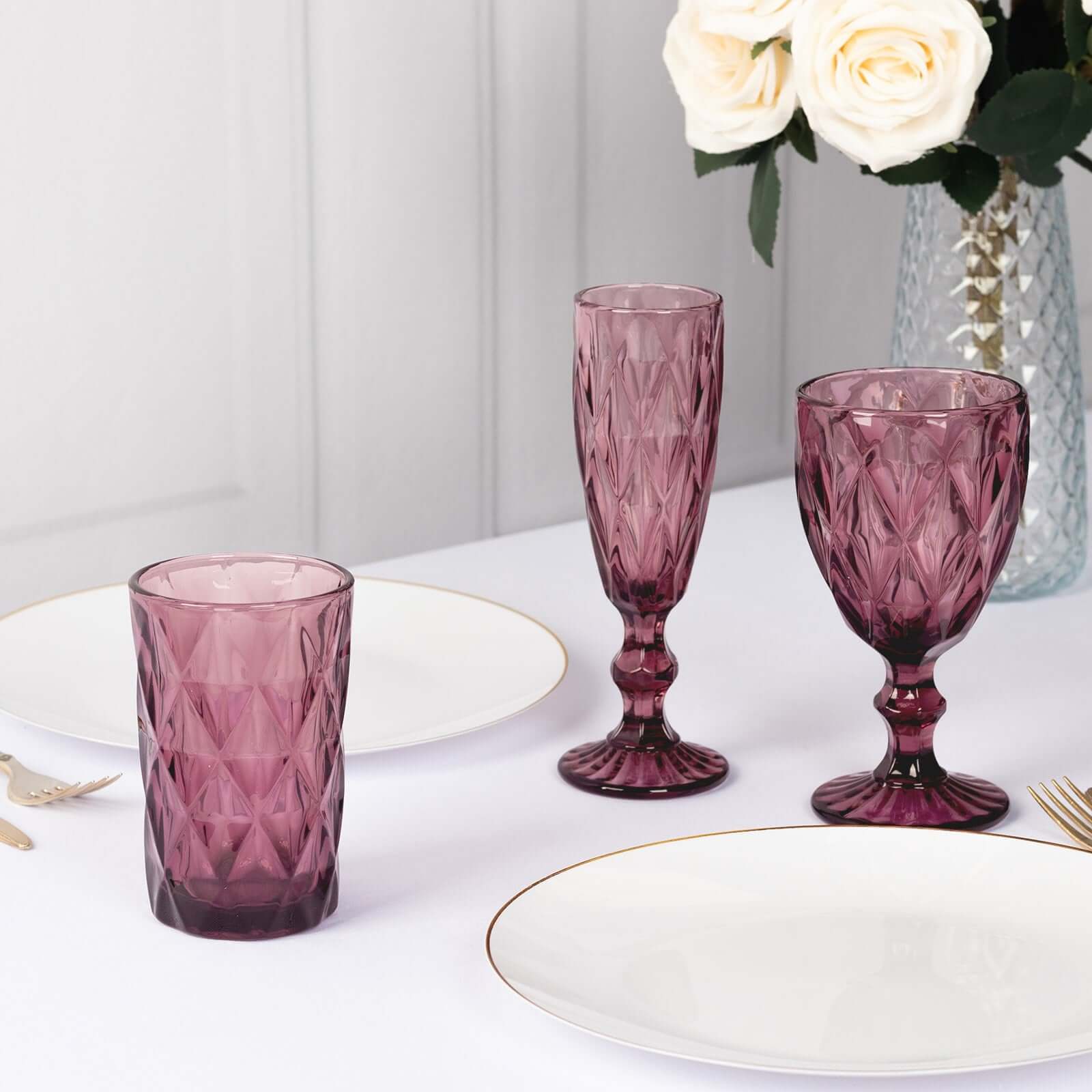 6-Pack Whiskey Glasses Dusty Rose Textured Crystal Cut Design with Heavy Base - Highball Tumblers for Parties & Events 12oz 5"