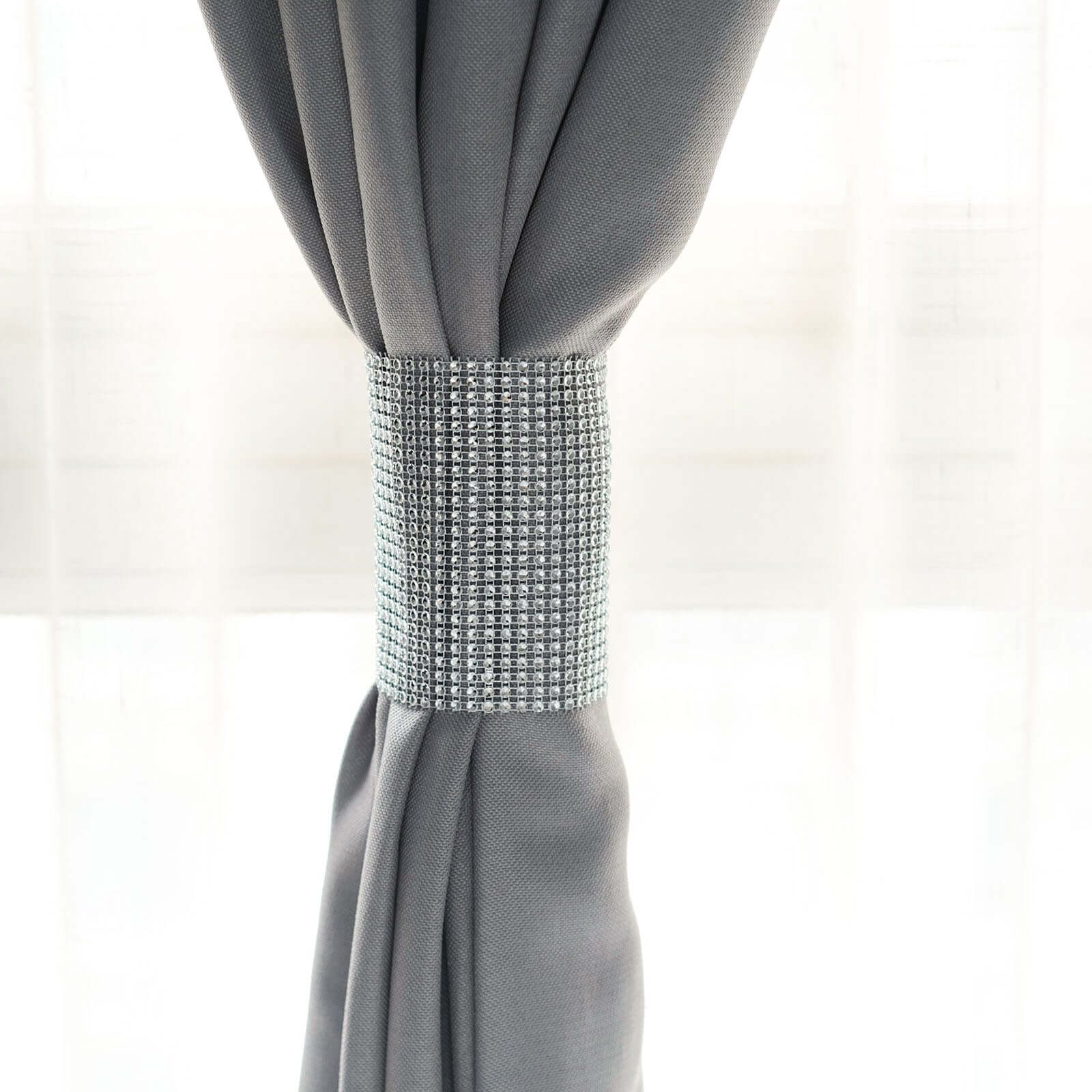 4 Pack Silver Rhinestone Mesh Velcro Backdrop Curtain Bands, Large Chair Sash Clip Tie Backs - 5"X10"