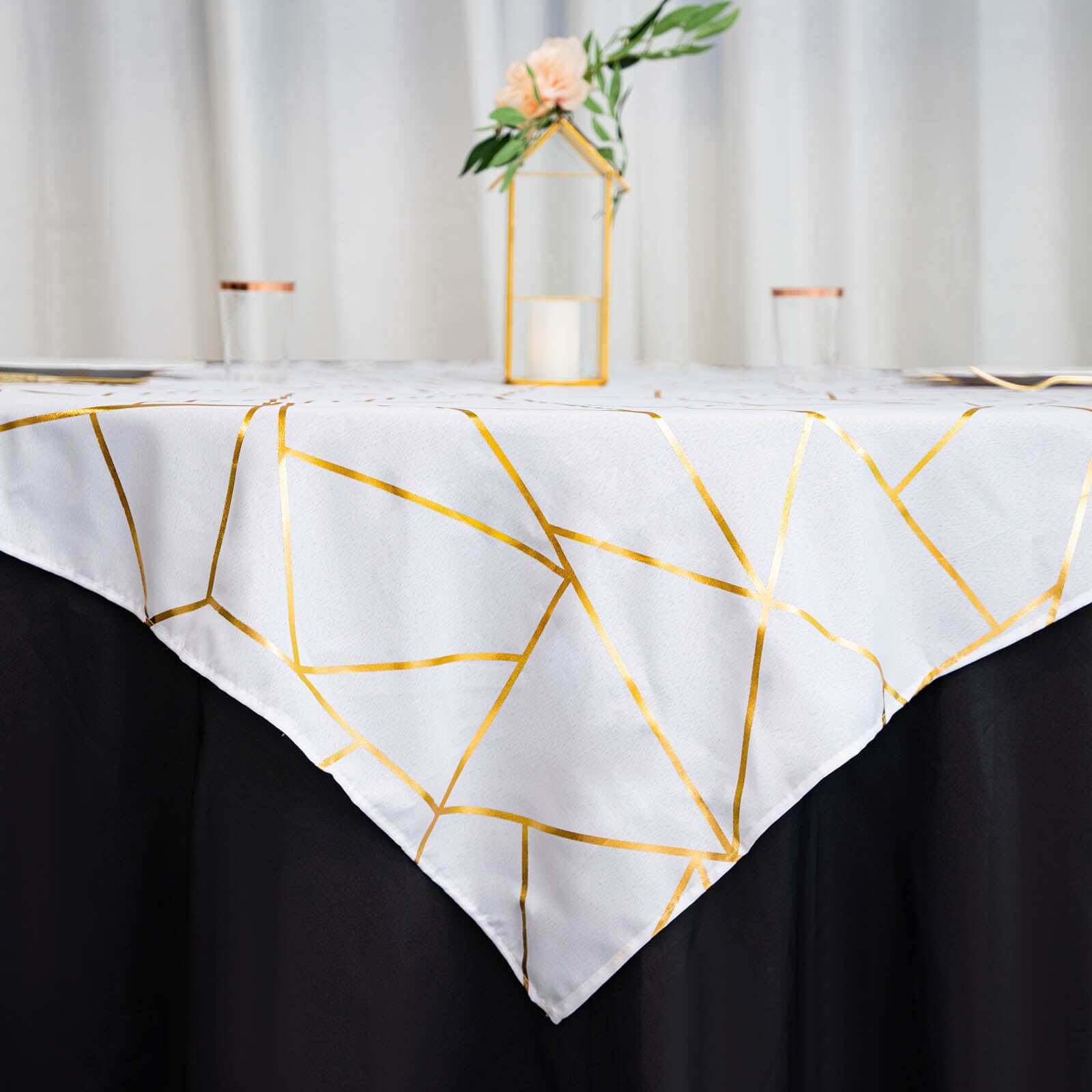 Polyester 54"x54" Square Tablecloth White with Gold Foil Geometric Pattern - Wrinkle-Resistant & Durable for Stylish Settings