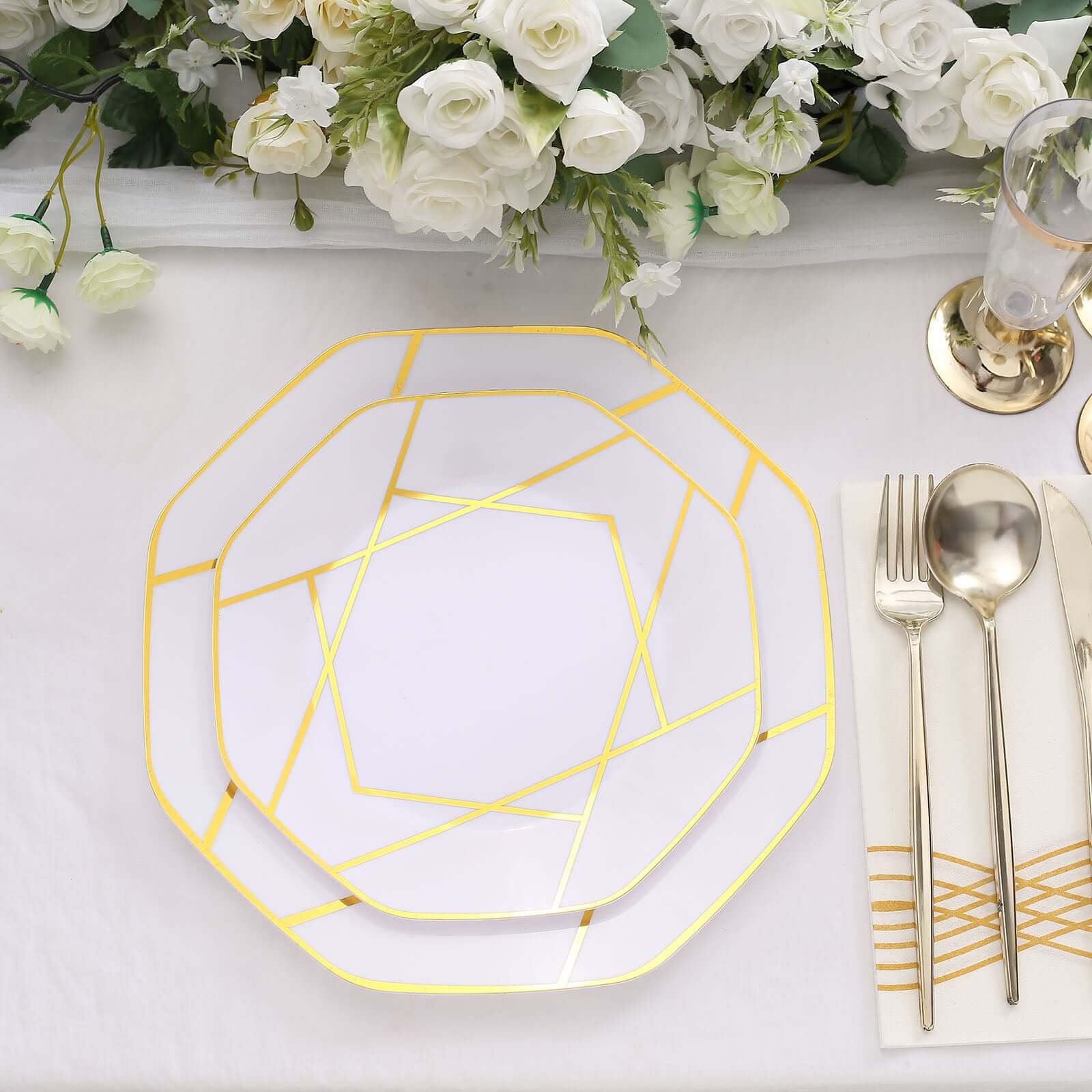 10-Pack Plastic 10" Octagon Dinner Plates in White - Modern Disposable Party Plates with Gold Geometric Design for Special Occasions & Celebrations