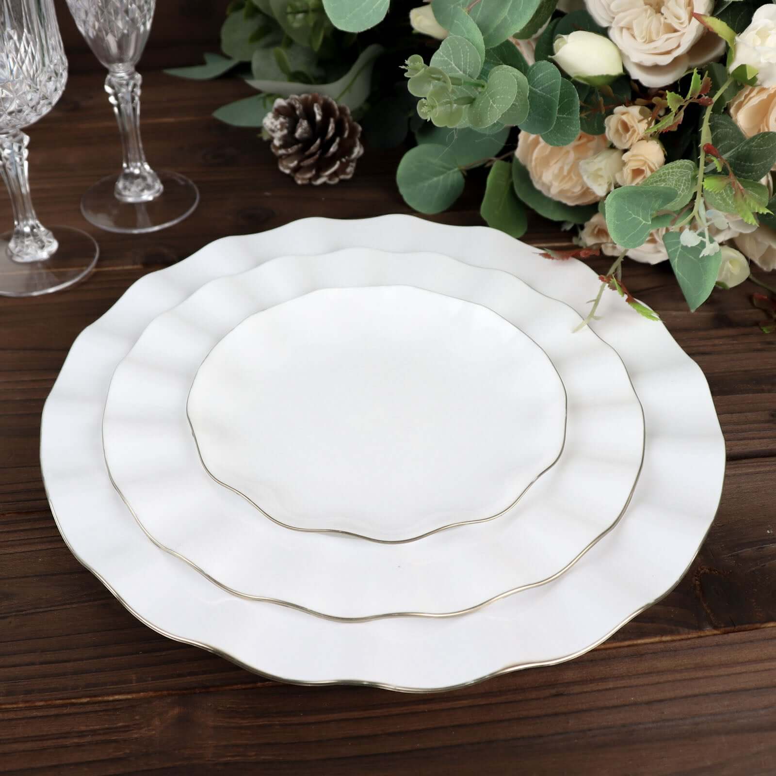 10-Pack Plastic Round 6" Dessert Plates in White Ruffled Rim with Gold Edging - Sturdy Disposable Salad Appetizer Dinnerware for Classy Events & Banquets