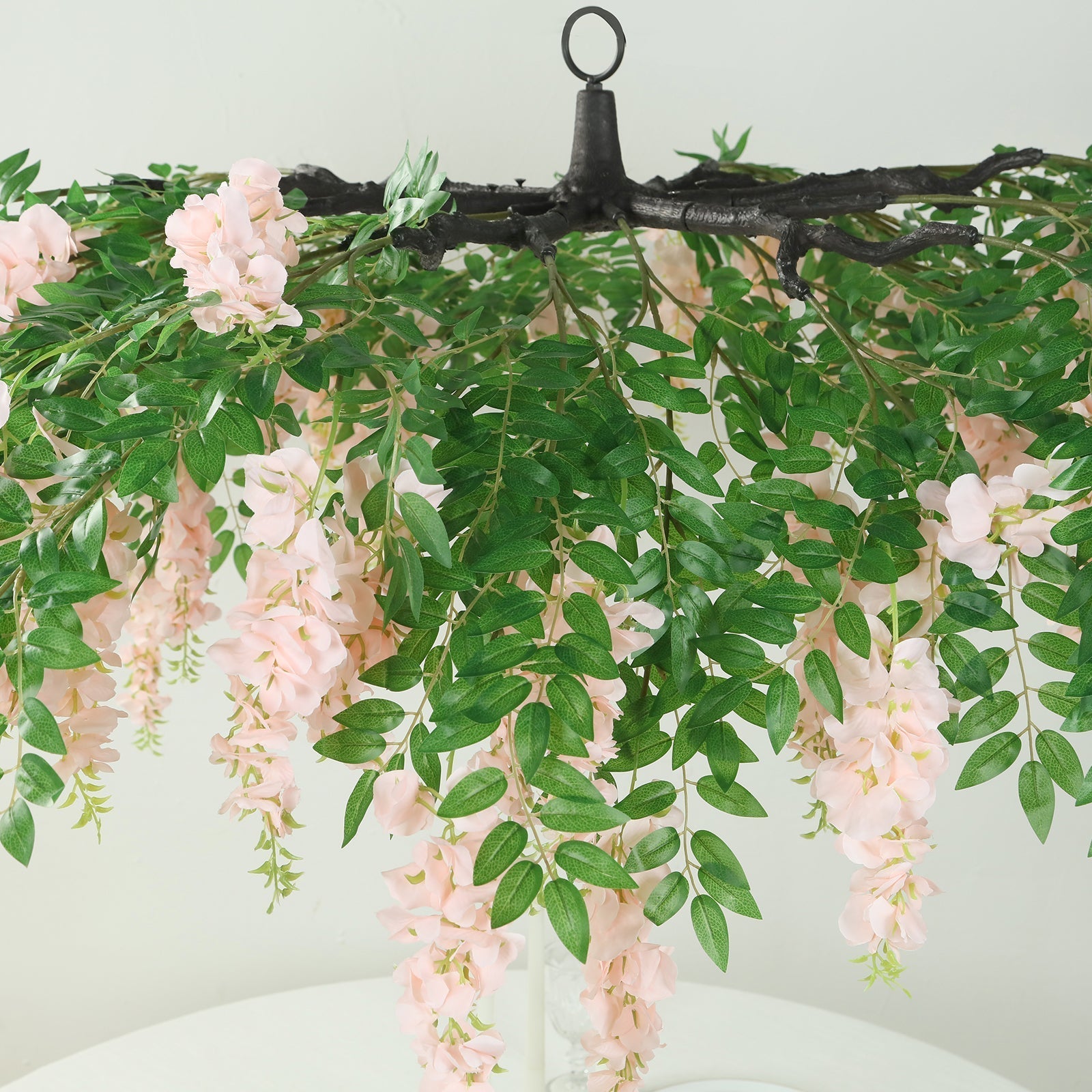 55" Blush Artificial Silk Wisteria Vine Round Hanging Canopy, Draping Garland Flower Chandelier With Interchangeable Branches