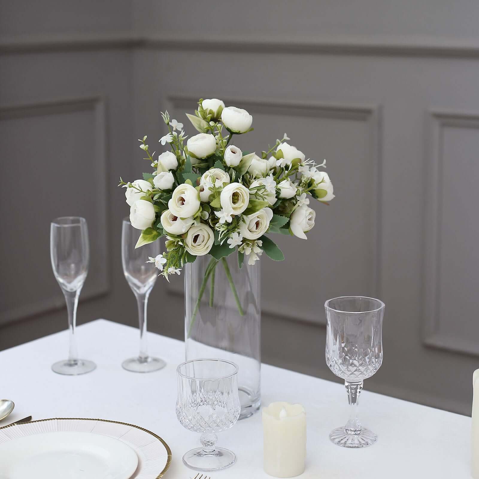 4 Pack 12" Artificial Ivory Ranunculus Silk Flower Bridal Bouquets, Faux Buttercup Floral Arrangement