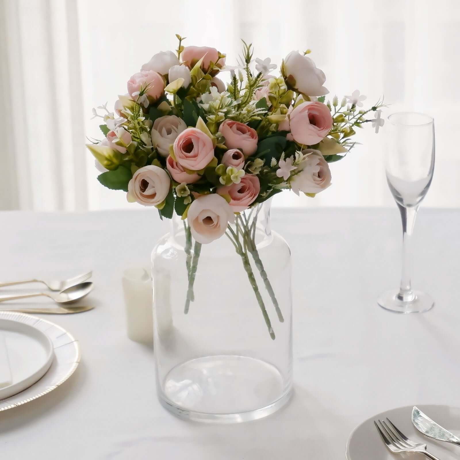 4 Pack 12" Artificial Blush Ranunculus Silk Flower Bridal Bouquets, Faux Buttercup Floral Arrangement