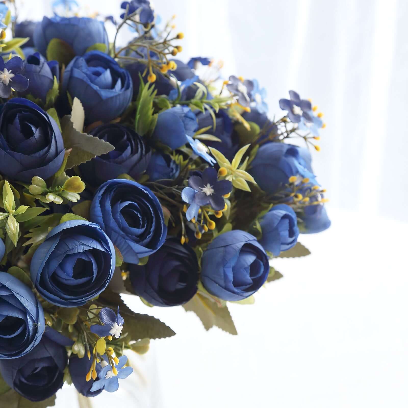 4 Pack 12" Artificial Navy Blue Ranunculus Silk Flower Bridal Bouquets, Faux Buttercup Floral Arrangement