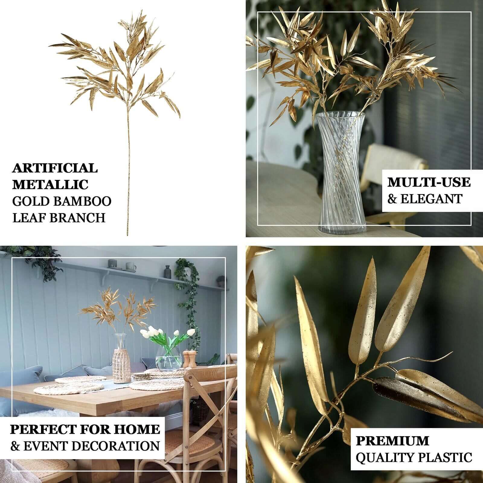 2-Pack Artificial Metallic Bamboo Leaf Branches Gold - Shiny Faux Plant Stems Vase Filler Floral Arrangement Centerpiece Decor 33"